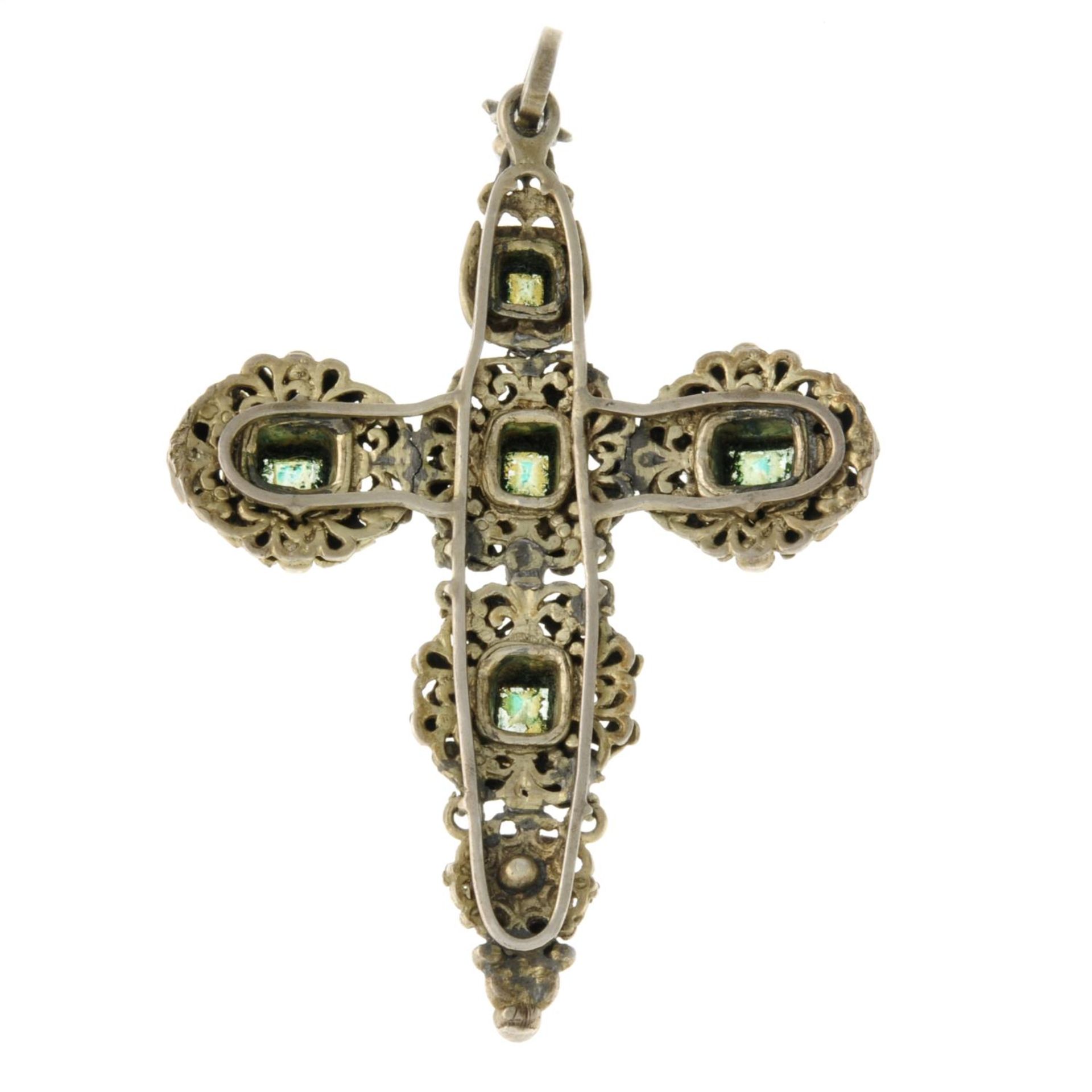 An Austro-Hungarian silver gilt green beryl, paste and seed pearl cross pendant.Length 8.4cms. - Image 2 of 2