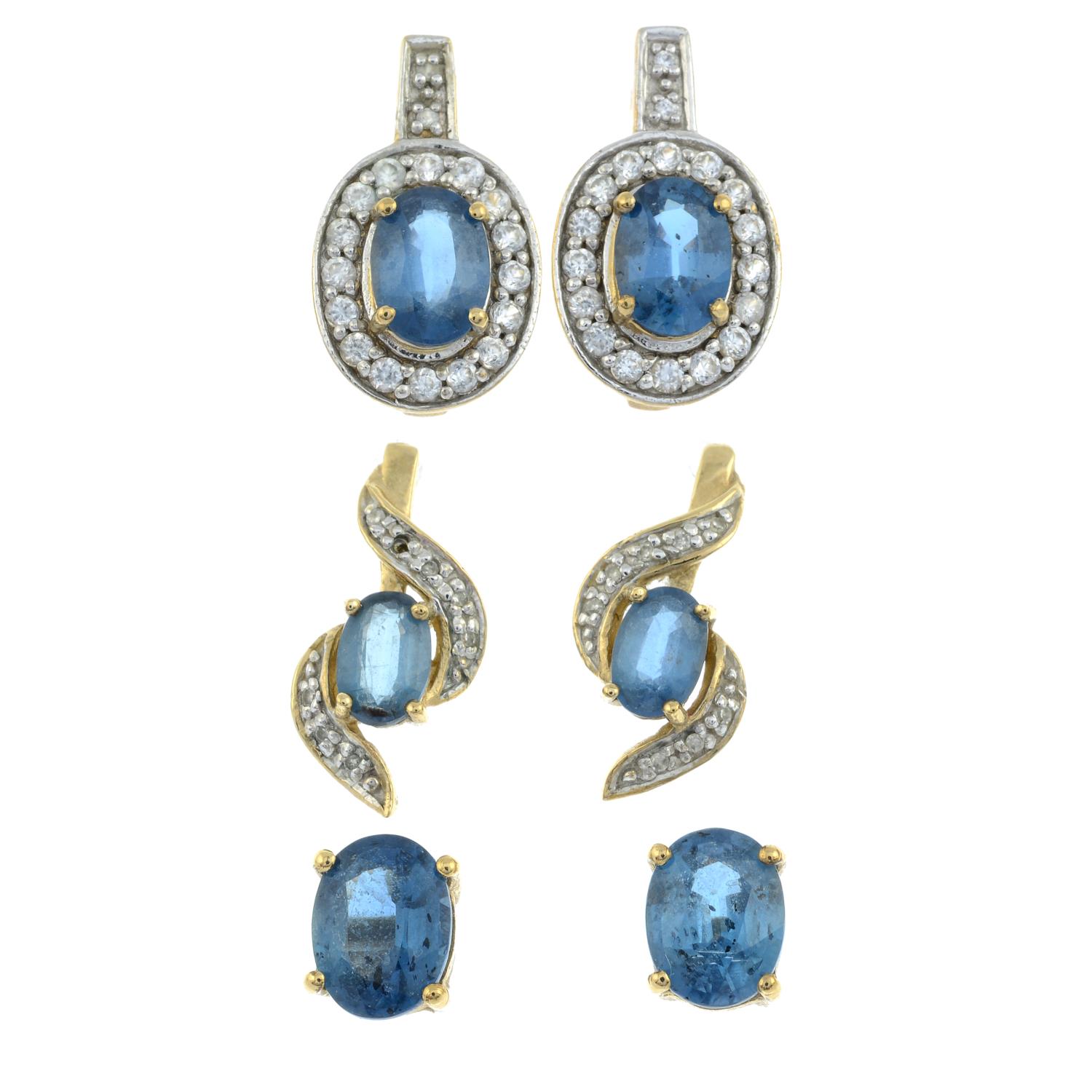 Three pairs of 9ct gold kyanite, colourless gem and diamond earrings.