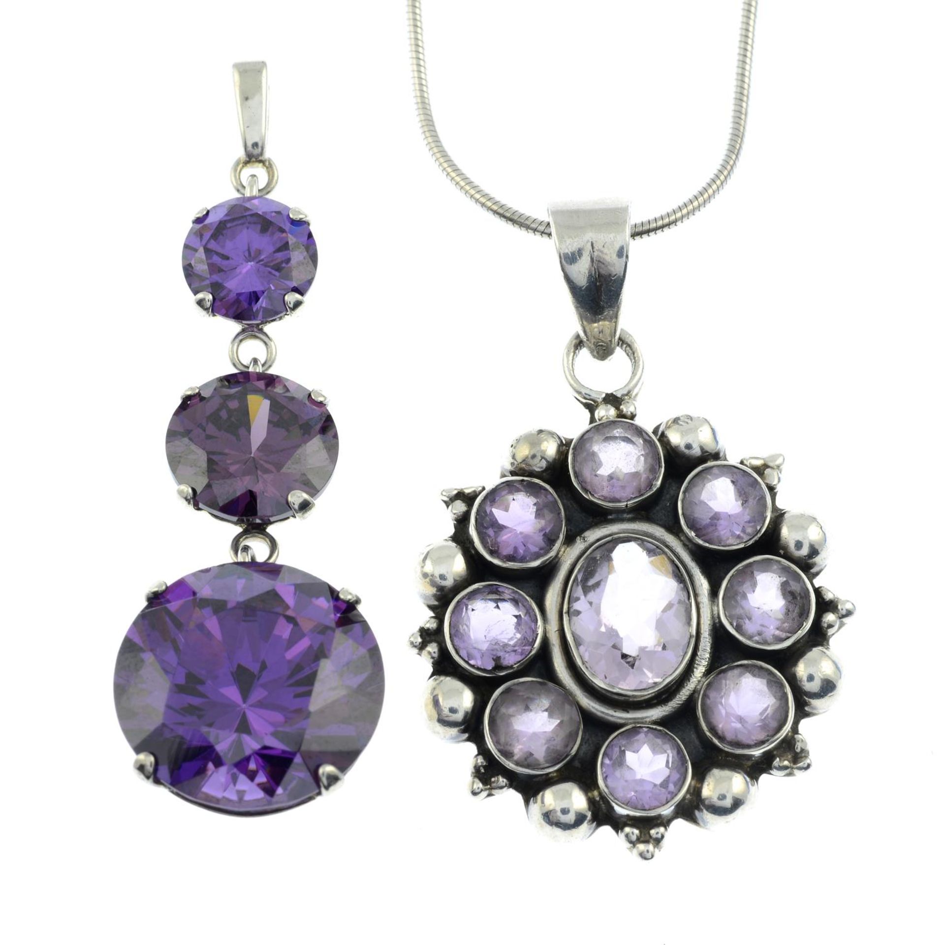 A selection of amethyst, cultured pearl and cubic zirconia jewellery.Two with Hallmarks.