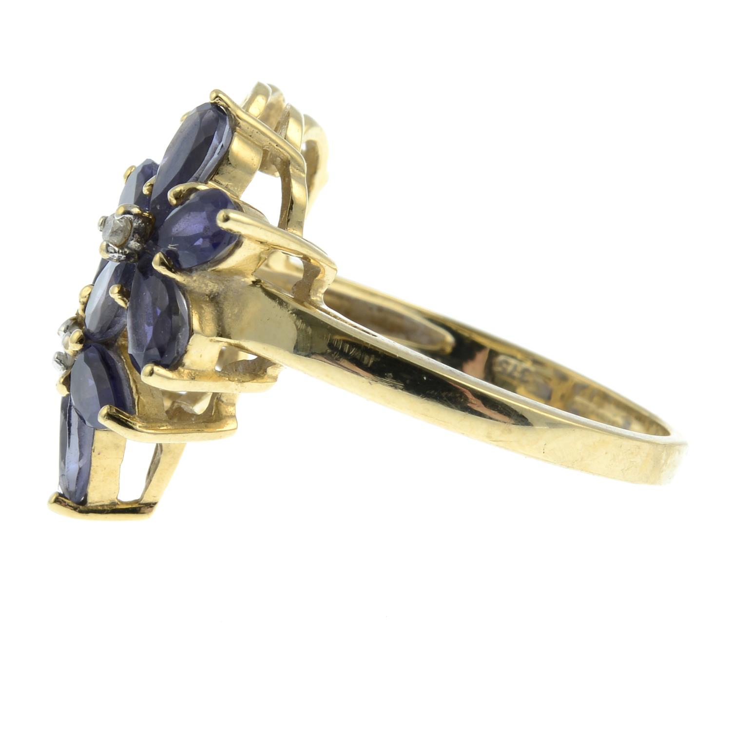 A 9ct gold iolite and diamond dress ring of floral design.Hallmarks for Birmingham. - Image 2 of 3