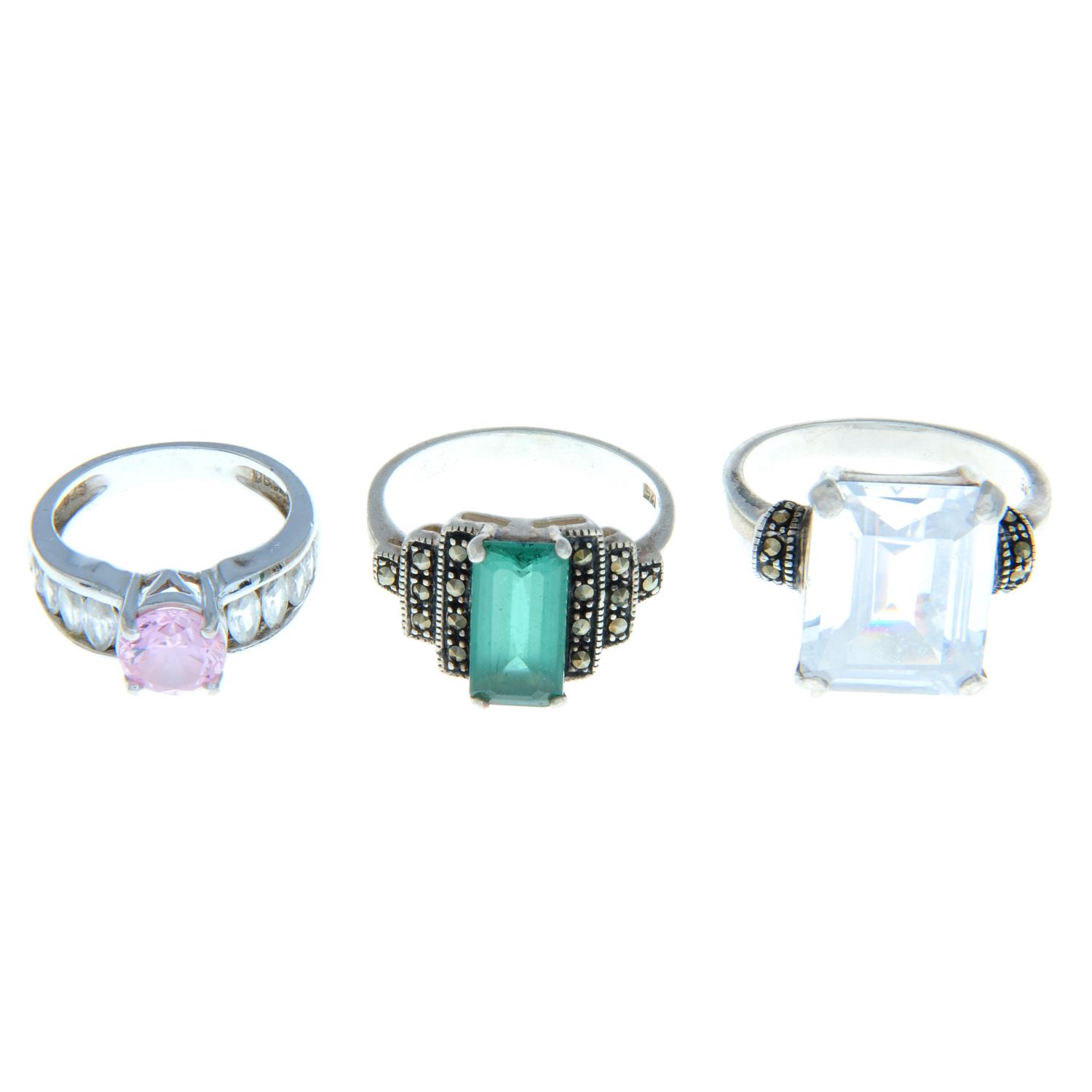 A selection of mainly gem-set rings, to include an amethyst and paste cluster ring.