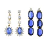 Two pairs of sapphire and white topaz drop earrings.One with hallmarks for Birmingham.