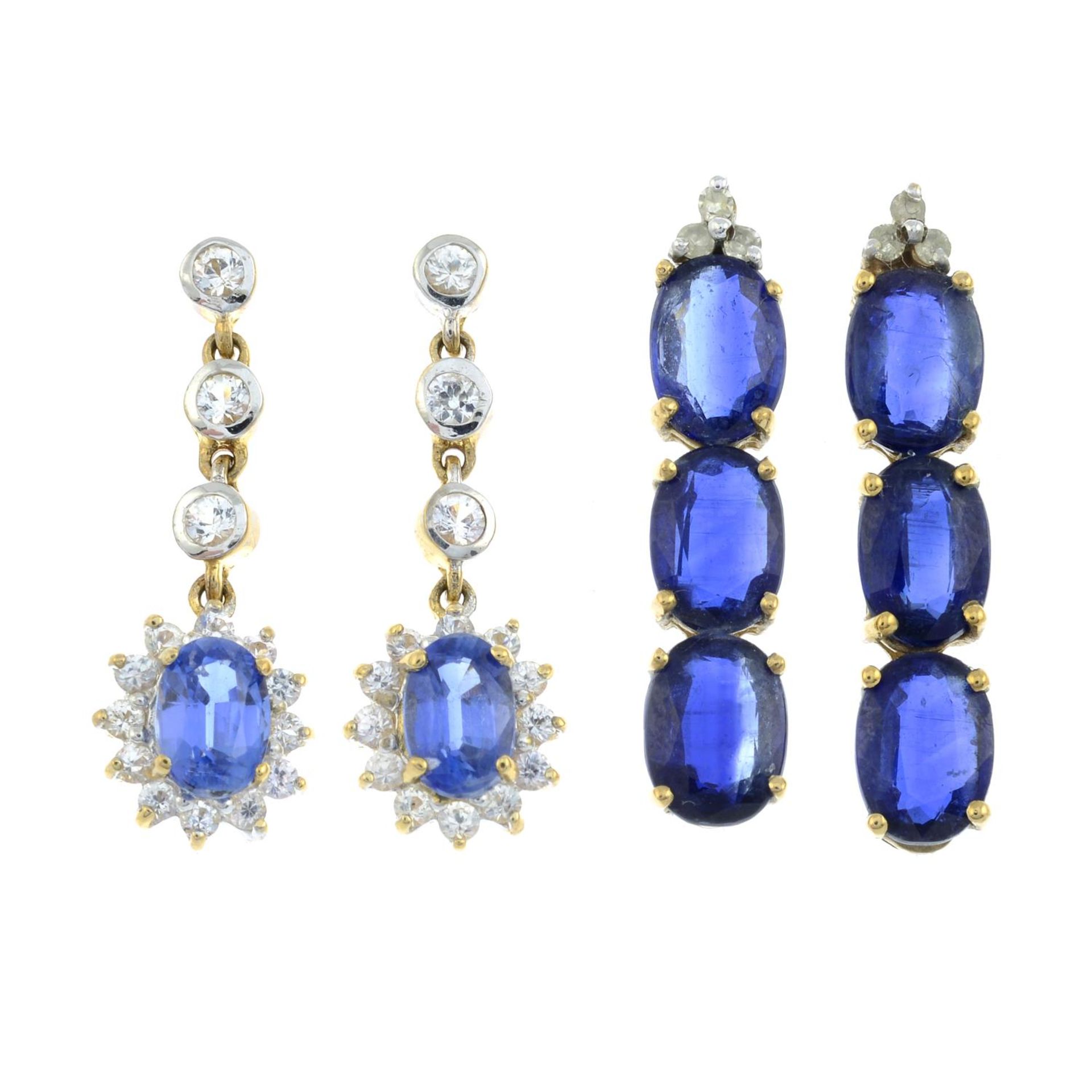Two pairs of sapphire and white topaz drop earrings.One with hallmarks for Birmingham.