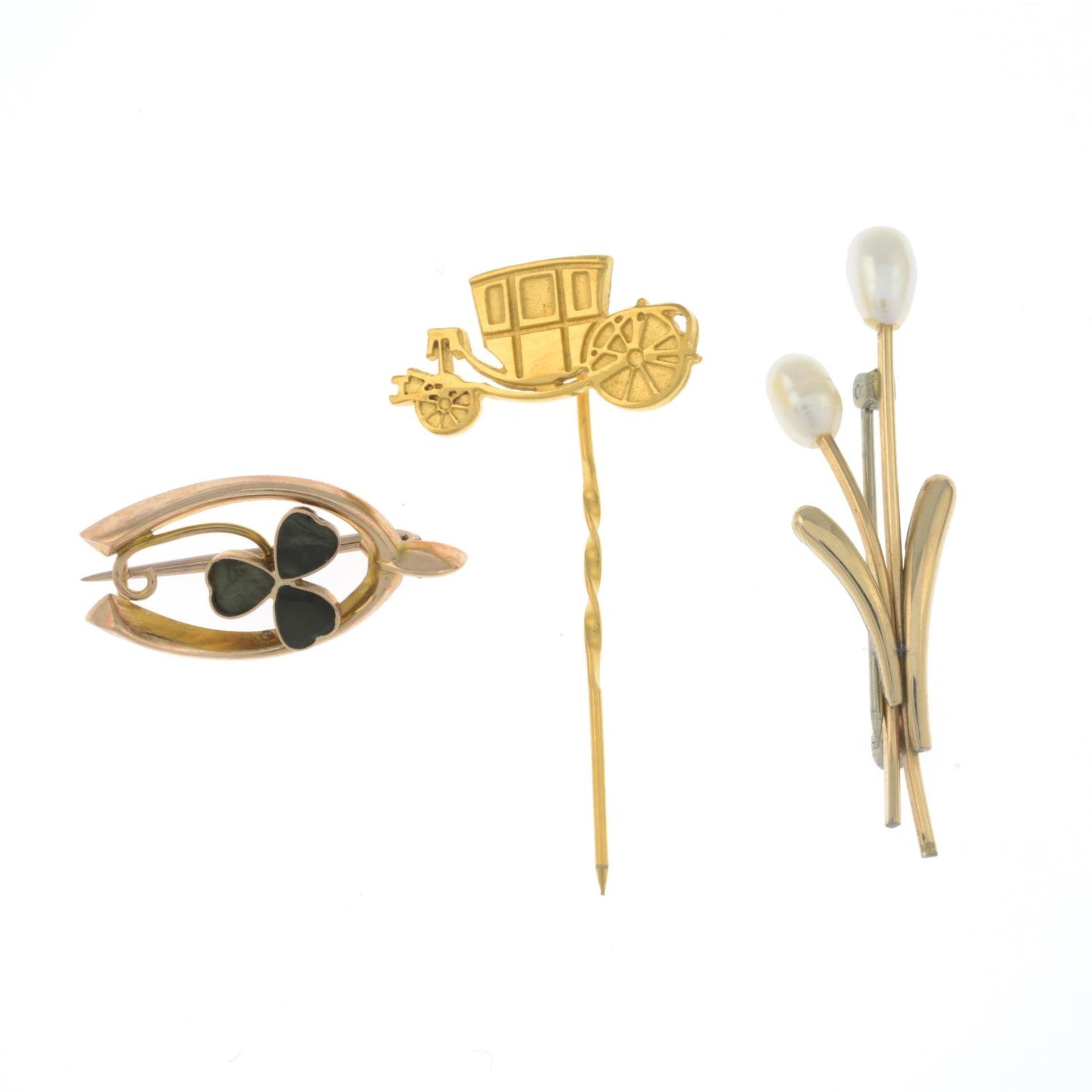 Four brooches and a 9ct gold stickpin.Three with hallmarks for 9ct gold. - Image 2 of 3