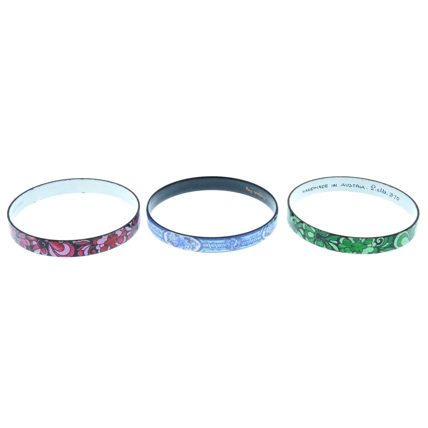 Eleven enamel bangles and a brooch, by Michaela Frey, together with four further enamel bangles.