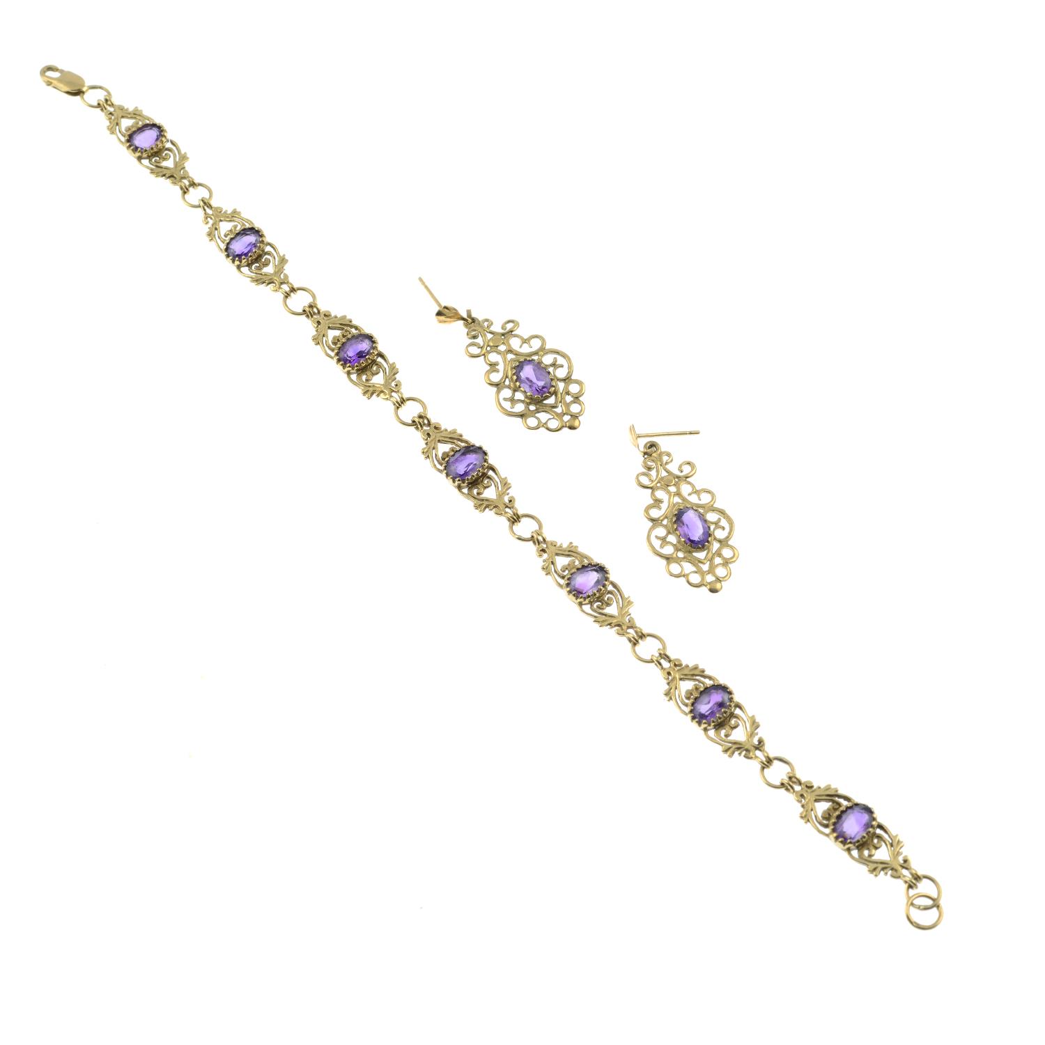 A amethyst bracelet with a pair of 9ct gold amethyst earrings.One with Hallmarks for Birmingham. - Image 2 of 3