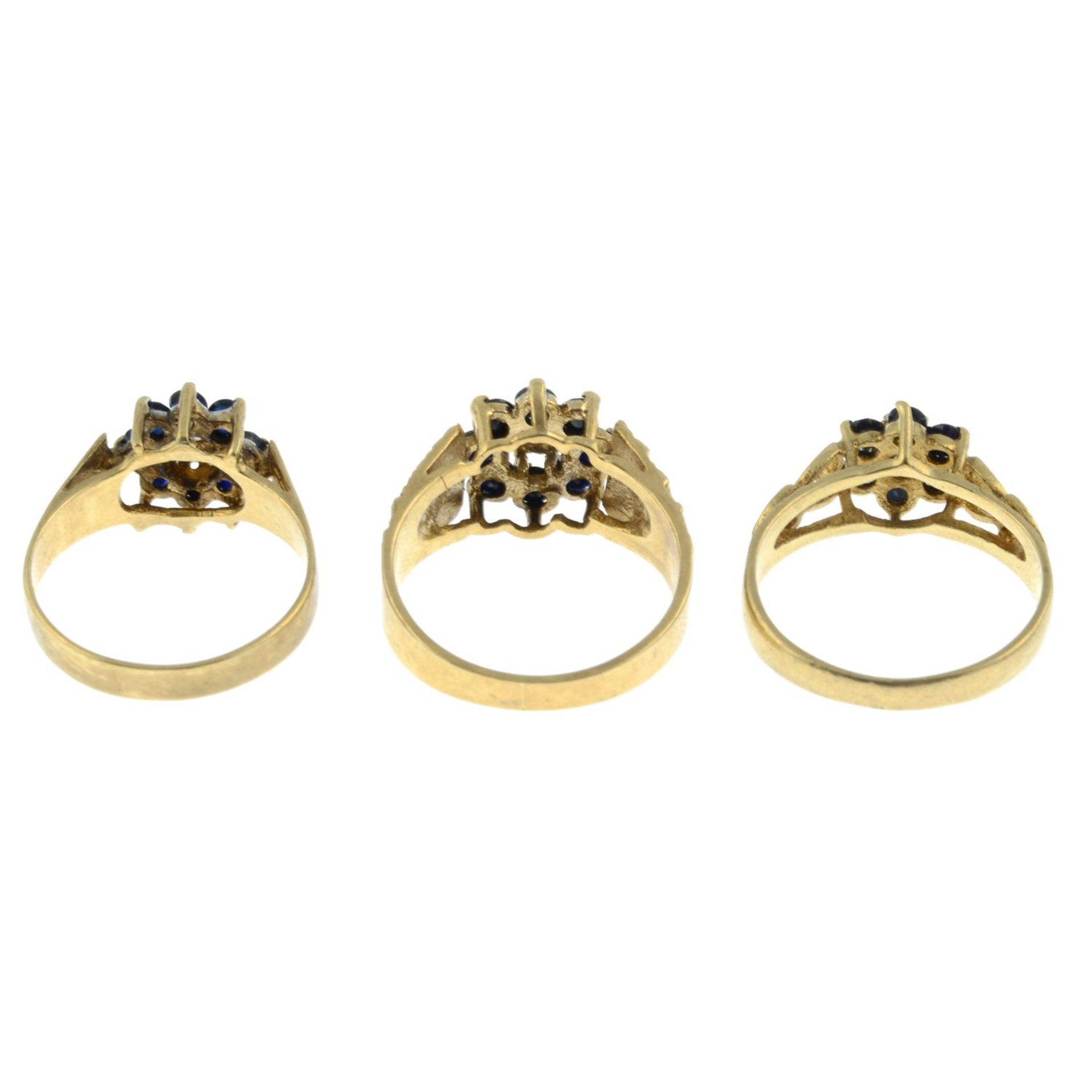 Three 9ct gold sapphire and diamond cluster rings.Two with Hallmarks for Birmingham. - Image 3 of 3