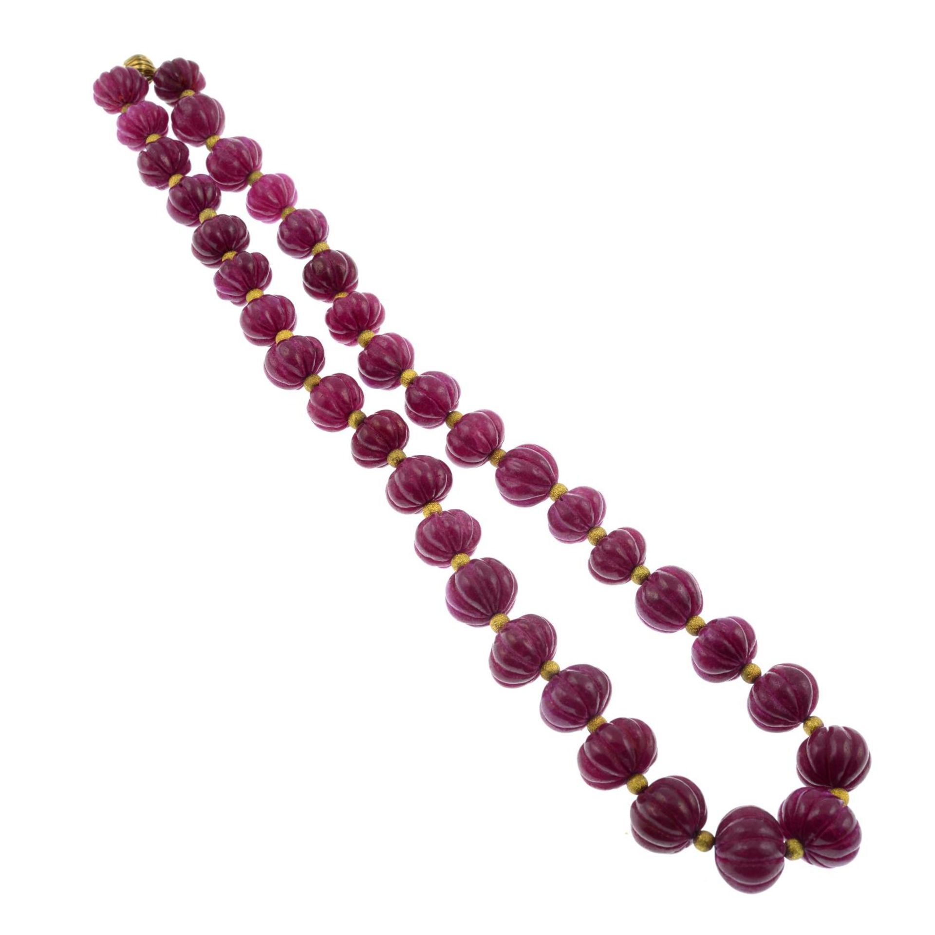 A glass-filled ruby bead necklace.Length 50.5cms. - Image 2 of 2