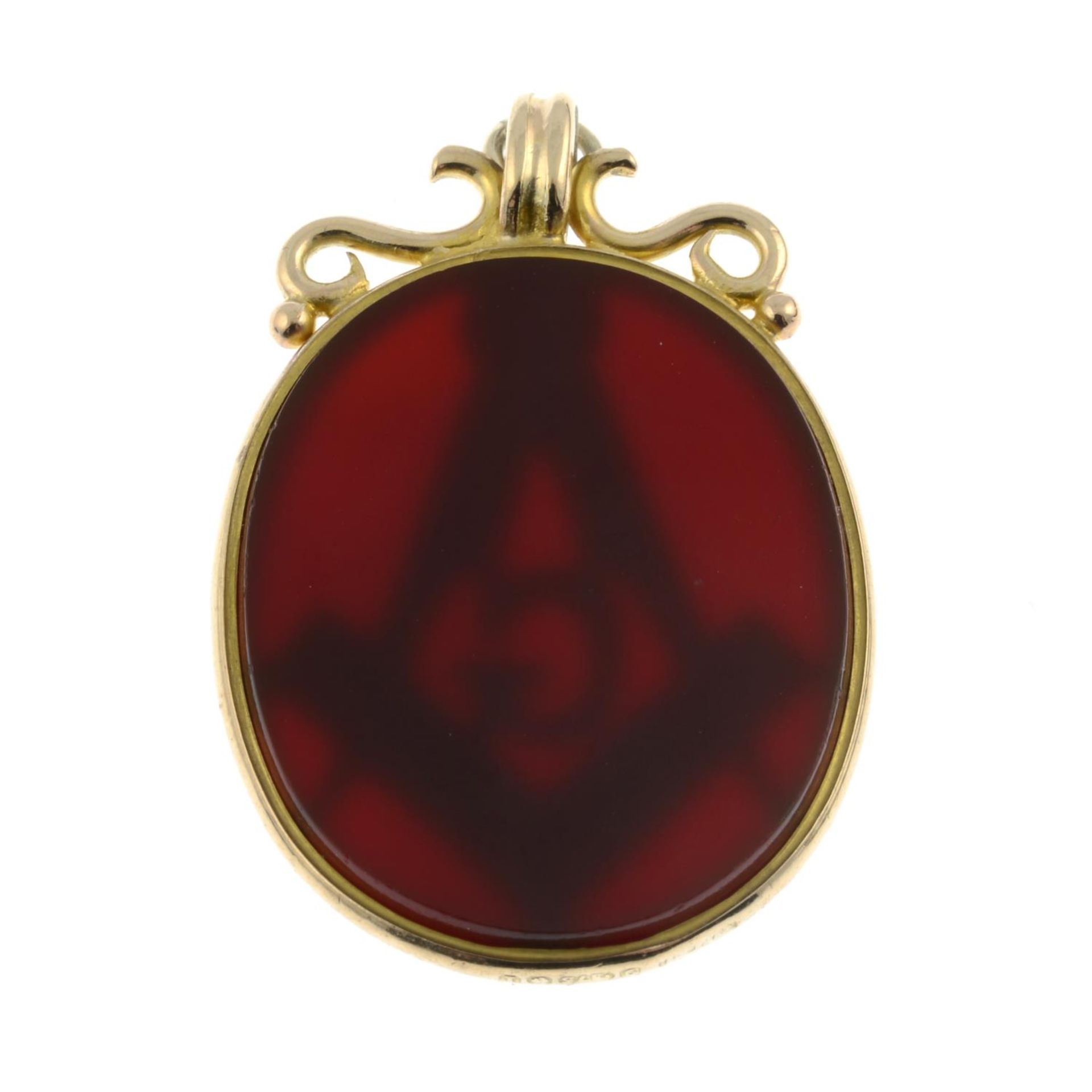 A 9ct gold carnelian Masonic fob pendant.Hallmarks for Birmingham.Length 3cms. - Image 2 of 2