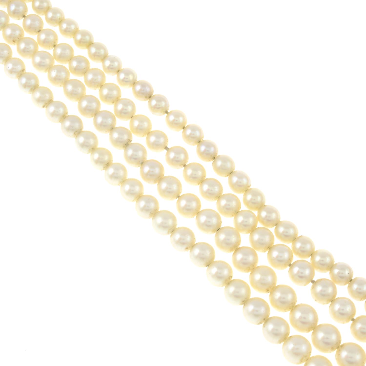 A four-strand cultured pearl necklace with a pink paste clasp. - Image 2 of 2