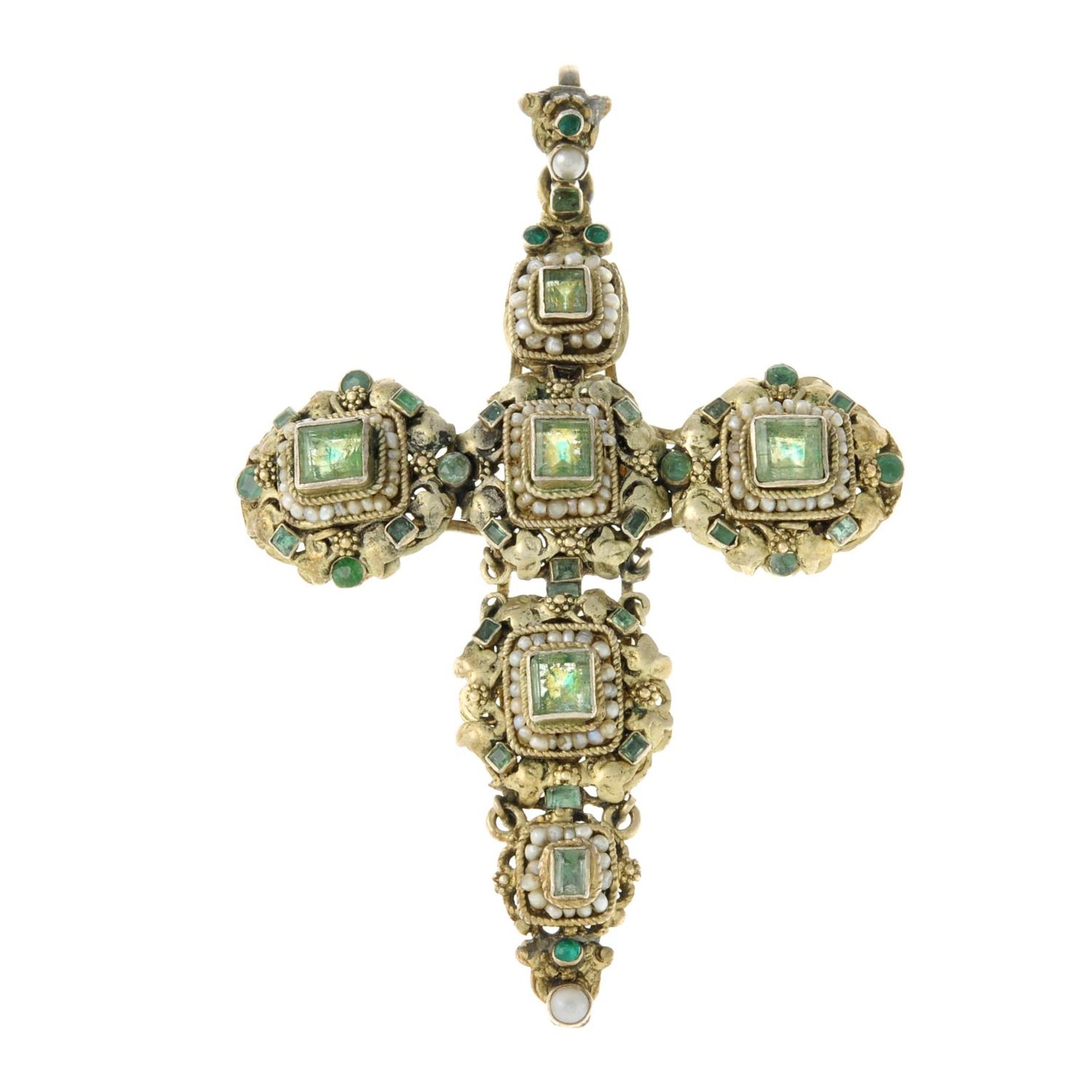 An Austro-Hungarian silver gilt green beryl, paste and seed pearl cross pendant.Length 8.4cms.