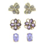 Three pairs of gem-set stud earrings,