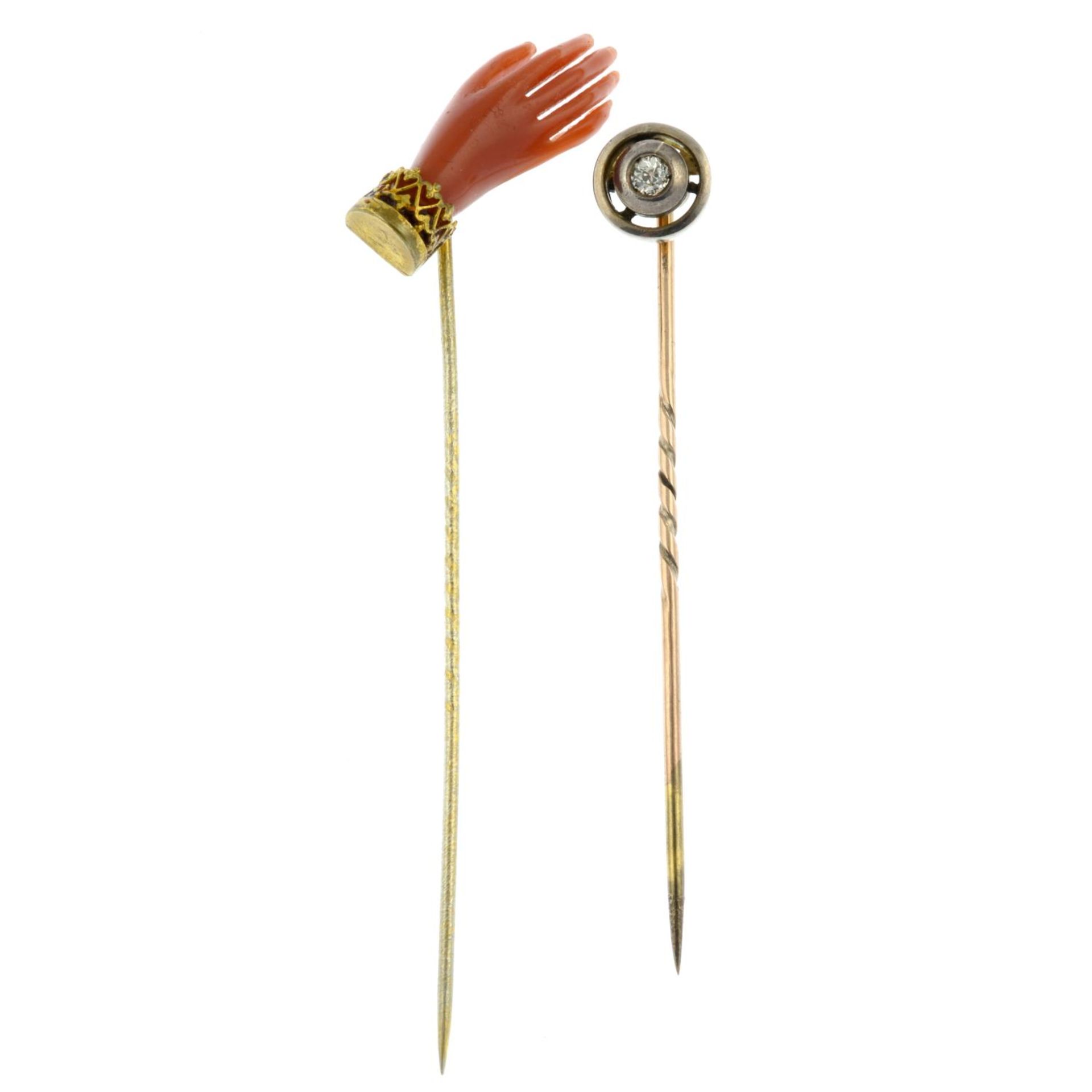 An old-cut diamond stickpin and a coral hand stickpin.Estimate diamond weight 0.1cts, - Image 2 of 3