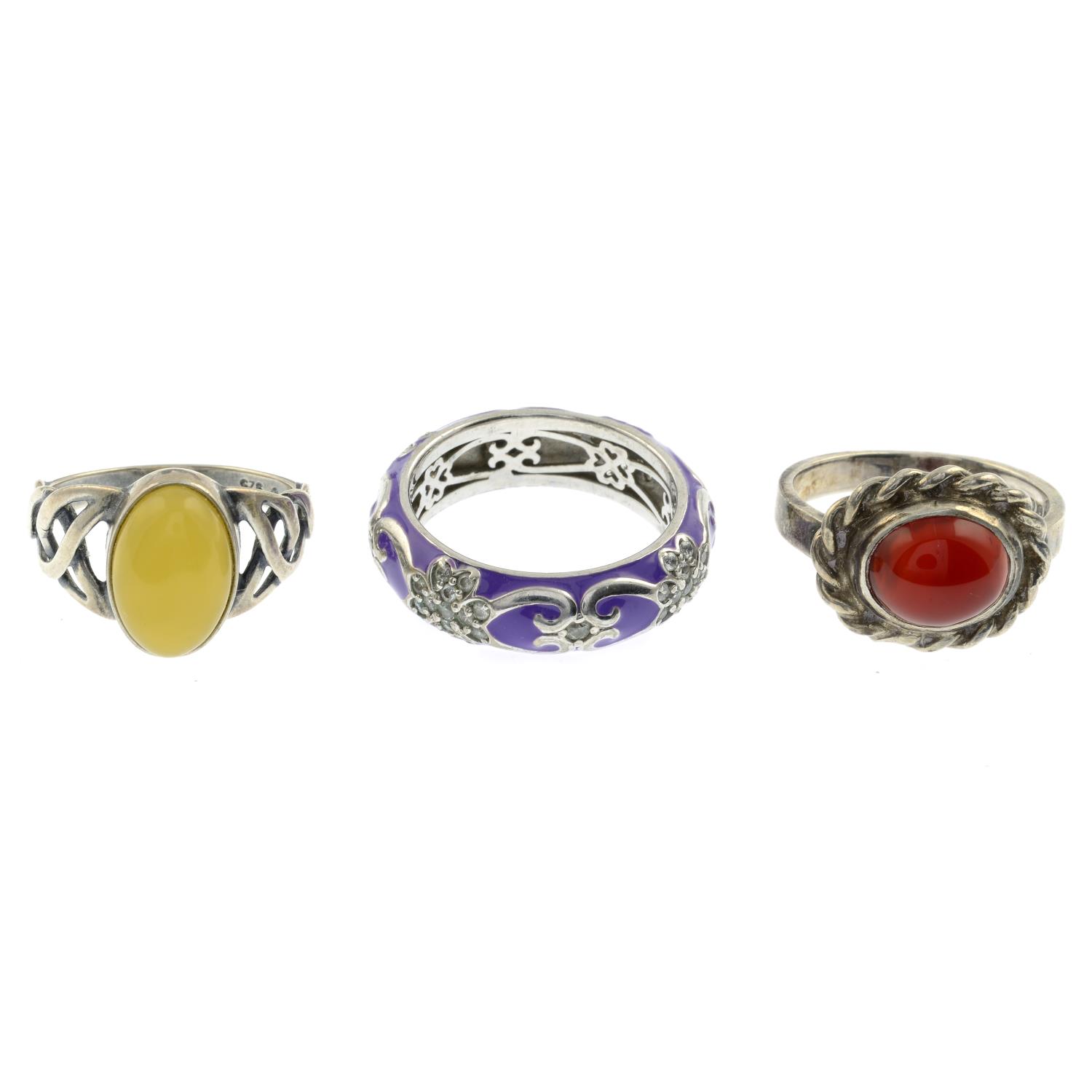 A selection of mainly enamel and gem-set rings, to include a cultured pearl and marcasite ring.