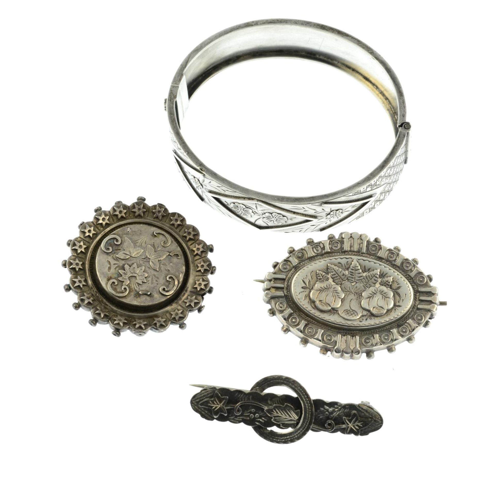 An early 20th century hinge bangle and three sweetheart brooches.Two with hallmarks for - Image 2 of 2
