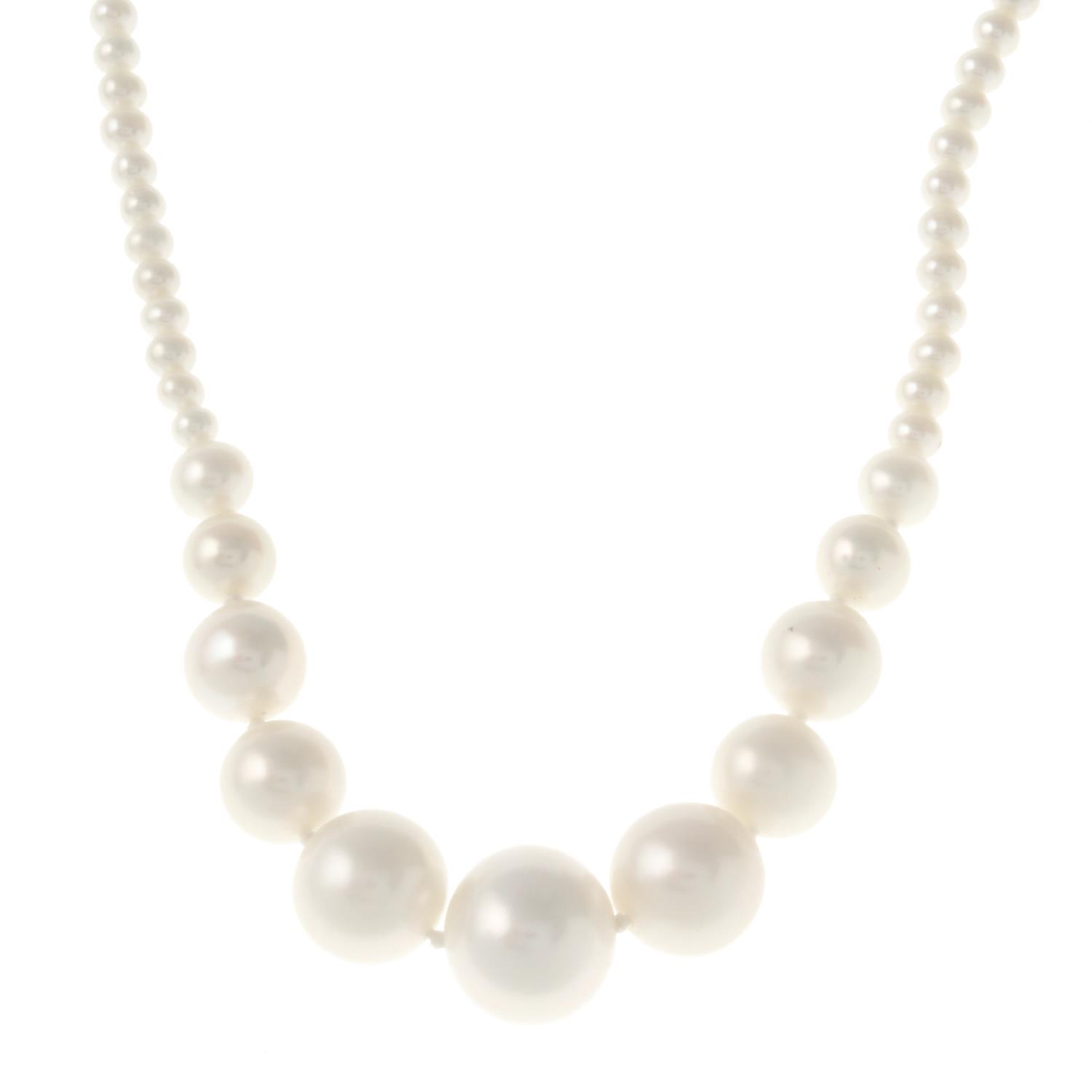 A graduated cultured freshwater pearl necklace, with bow clasp.Clasp stamped 375.Length 37.5cms.