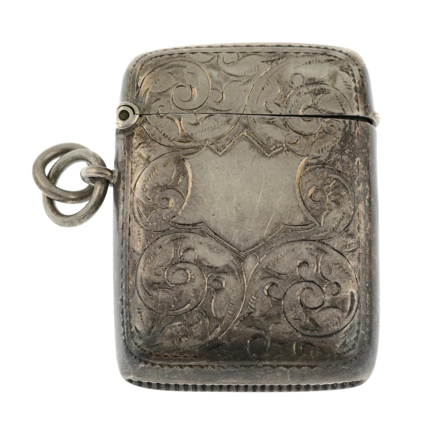 An Edwardian silver engraved vesta case.Hallmarks for Birmingham, 1901.Length 4.7cms.