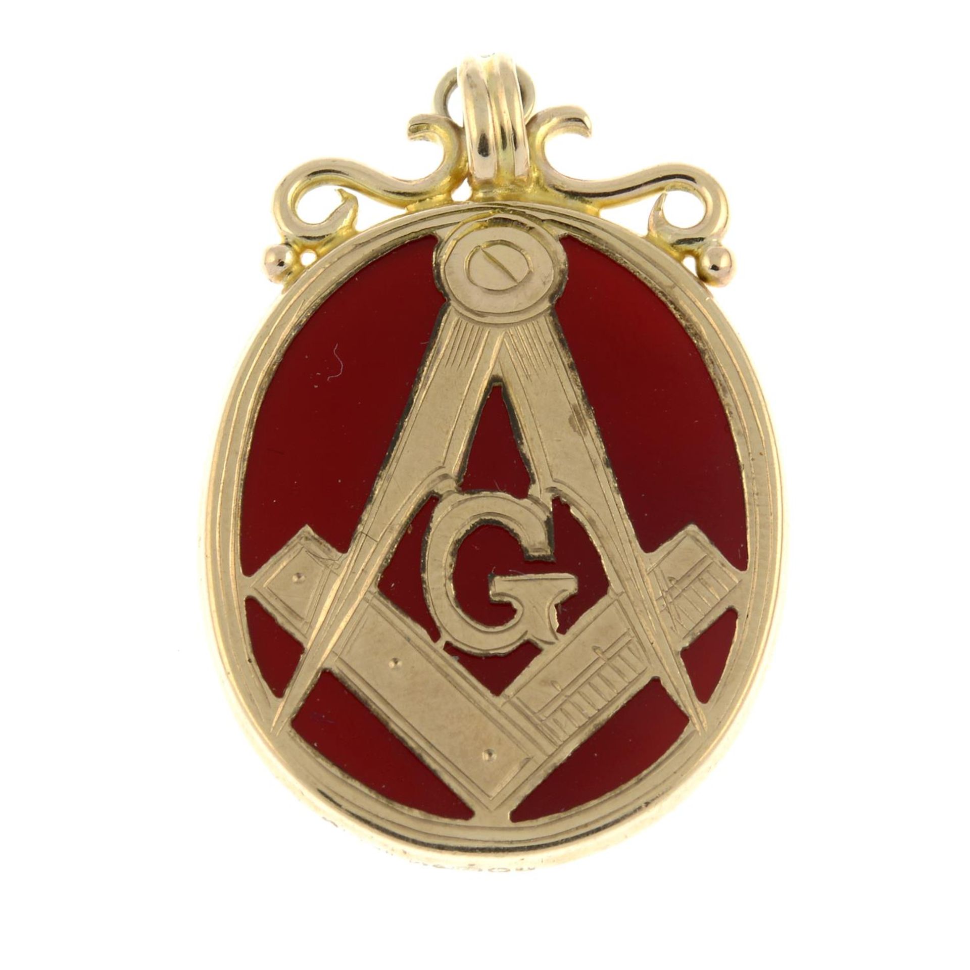 A 9ct gold carnelian Masonic fob pendant.Hallmarks for Birmingham.Length 3cms.