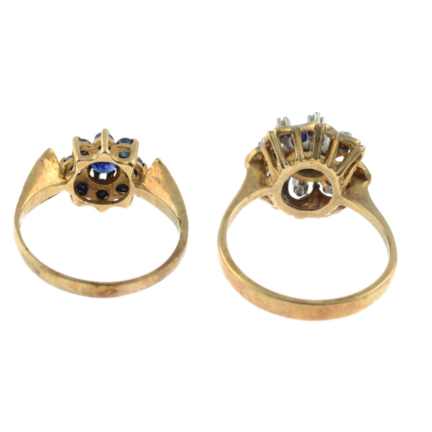 A 9ct gold sapphire and diamond ring along with a 9ct gold sapphire cluster ring.Hallmarks for - Image 2 of 2