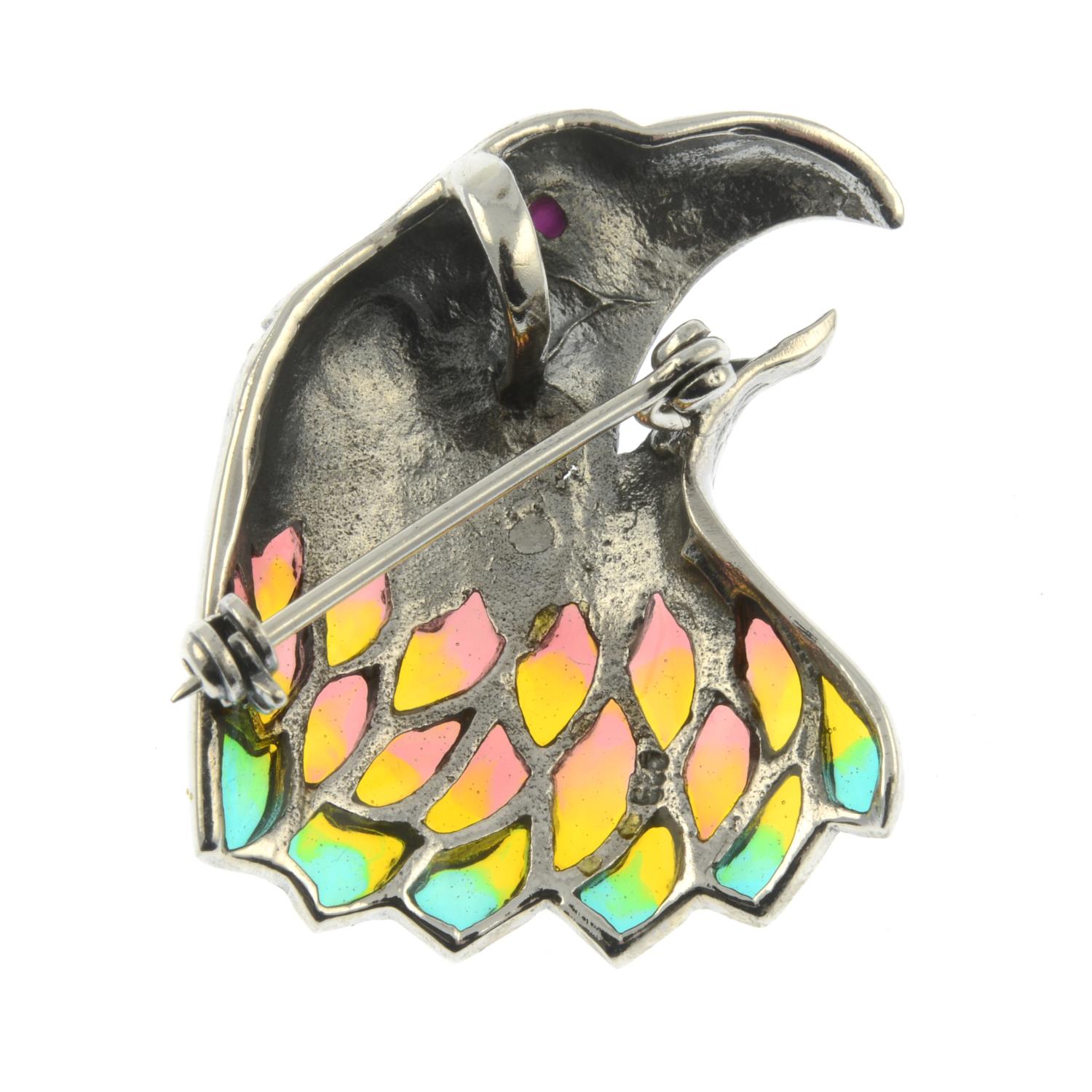 A ruby and marcasite, plique-a-jour enamel brooch of a hawk head.May be worn as a pendant. - Image 2 of 2