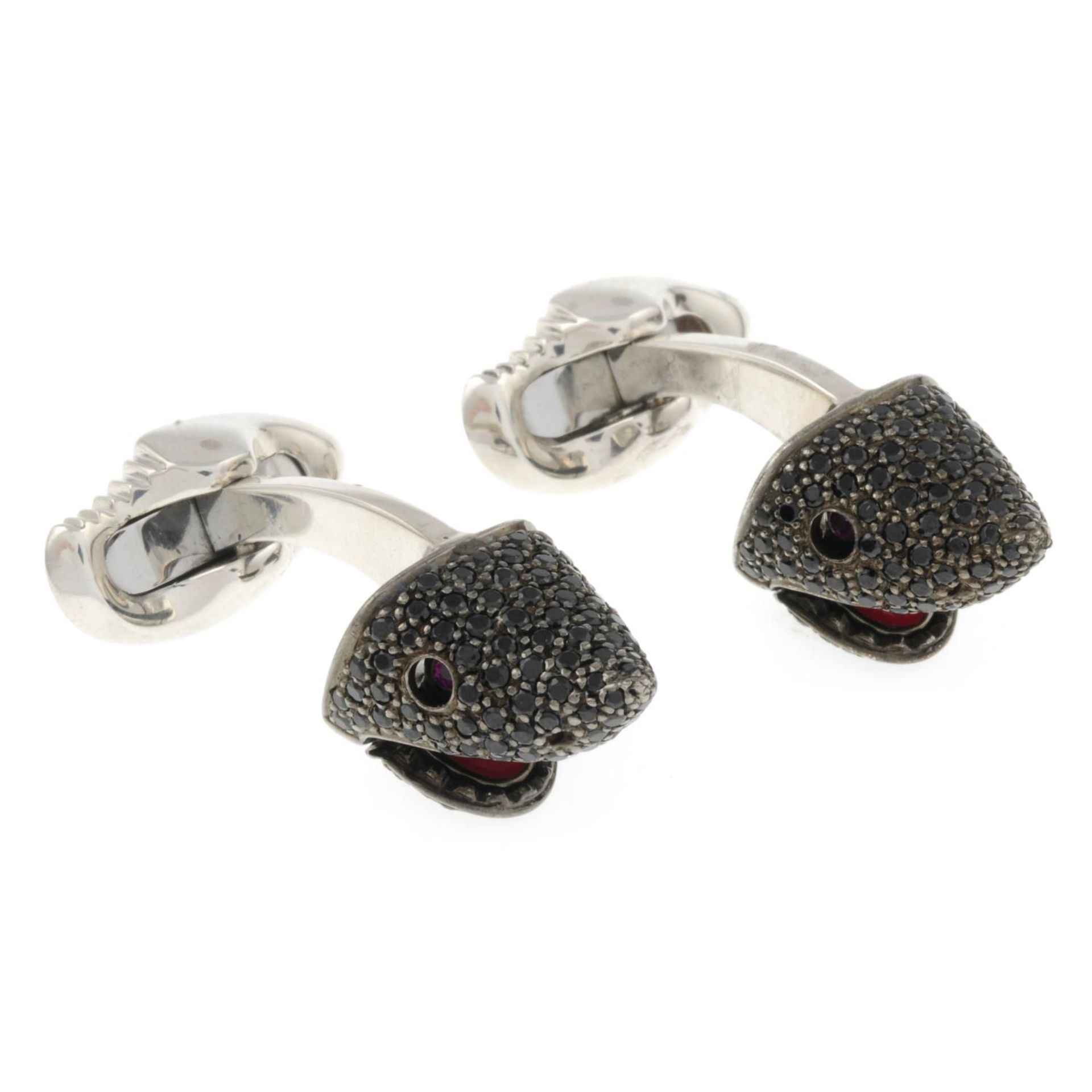 A pair of silver and black spinel shark head cufflinks, - Image 2 of 3