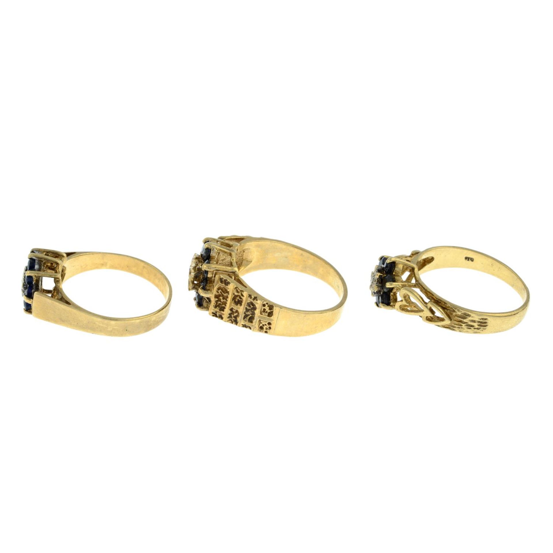 Three 9ct gold sapphire and diamond cluster rings.Two with Hallmarks for Birmingham. - Image 2 of 3