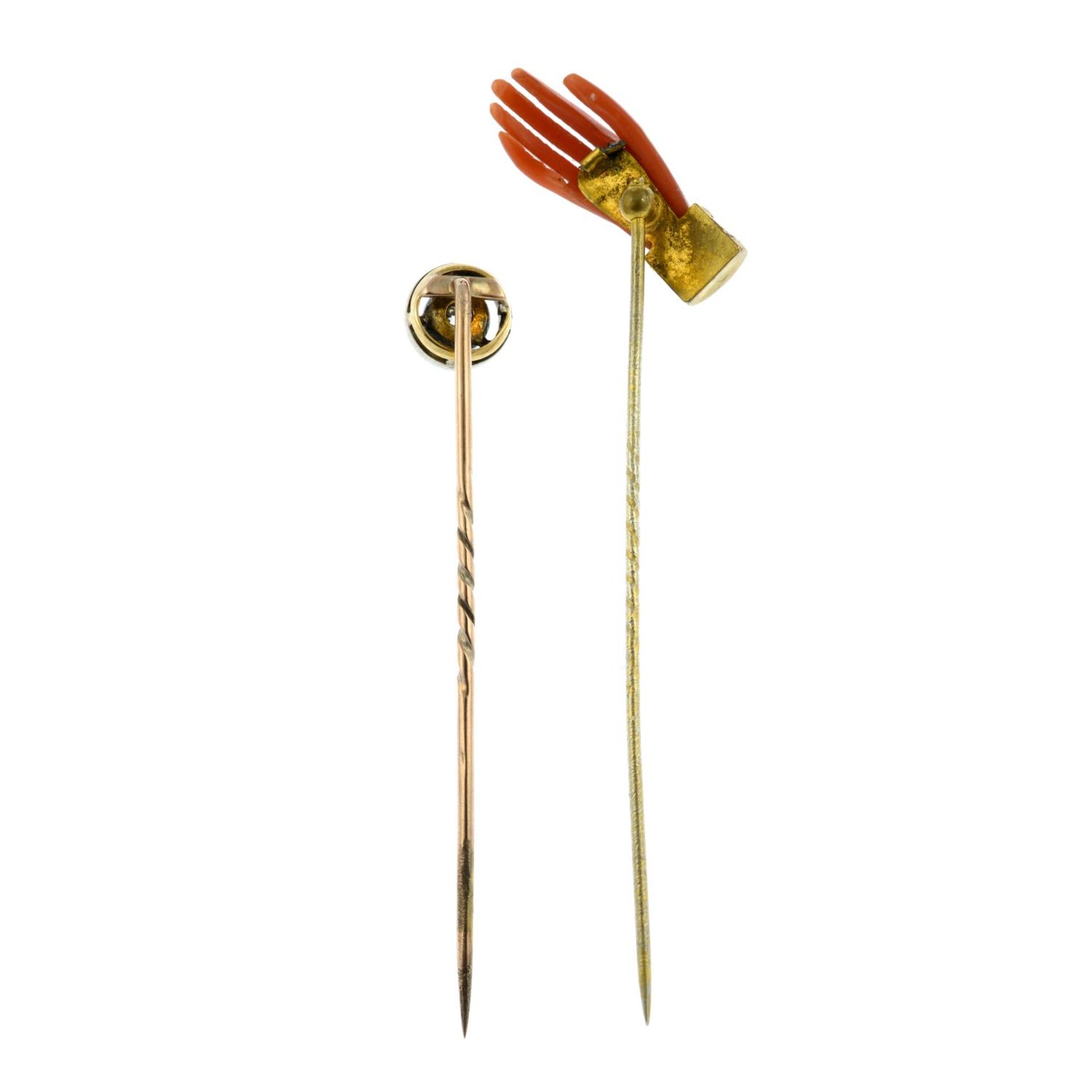 An old-cut diamond stickpin and a coral hand stickpin.Estimate diamond weight 0.1cts, - Image 3 of 3