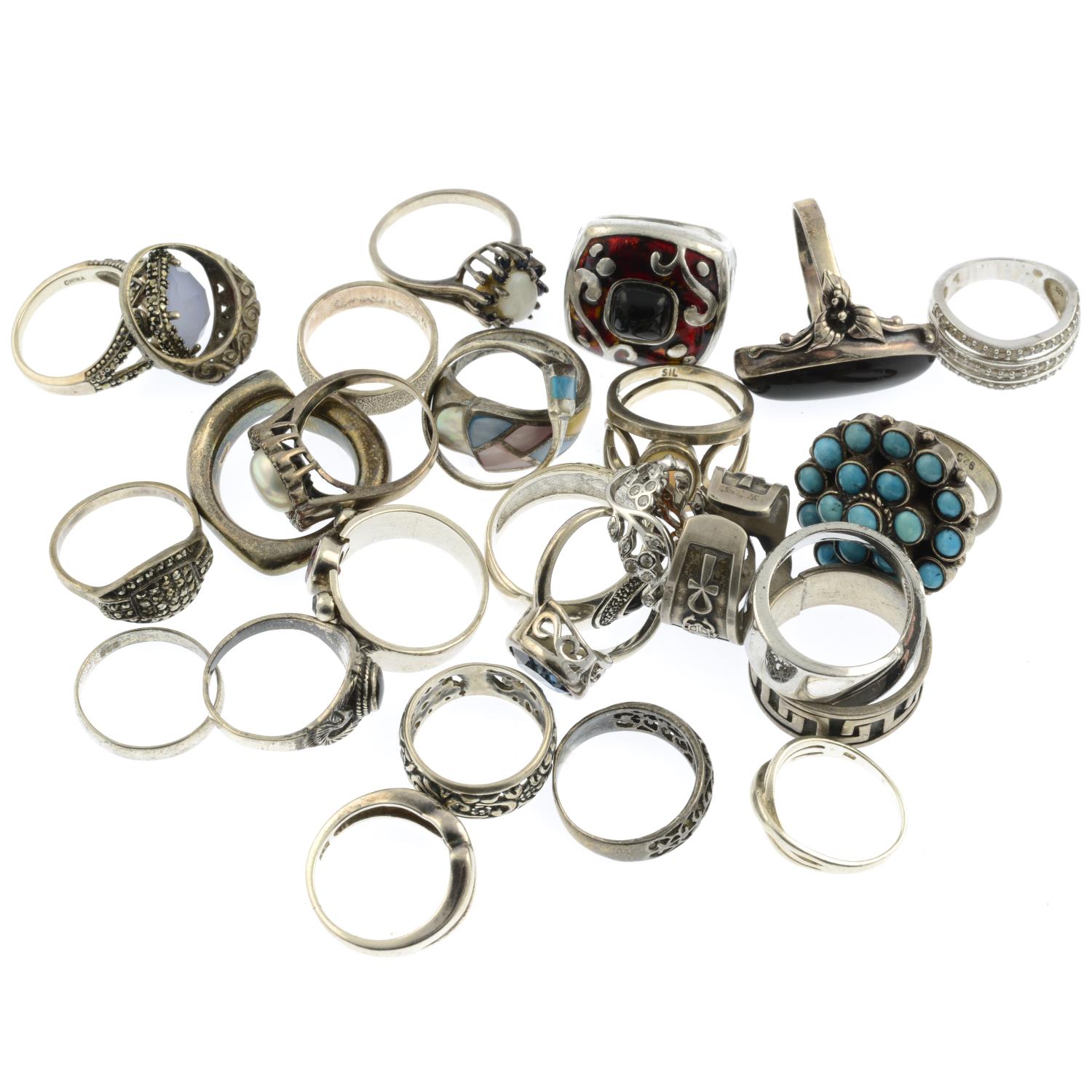 A selection of mainly enamel and gem-set rings, to include a cultured pearl and marcasite ring. - Image 2 of 2