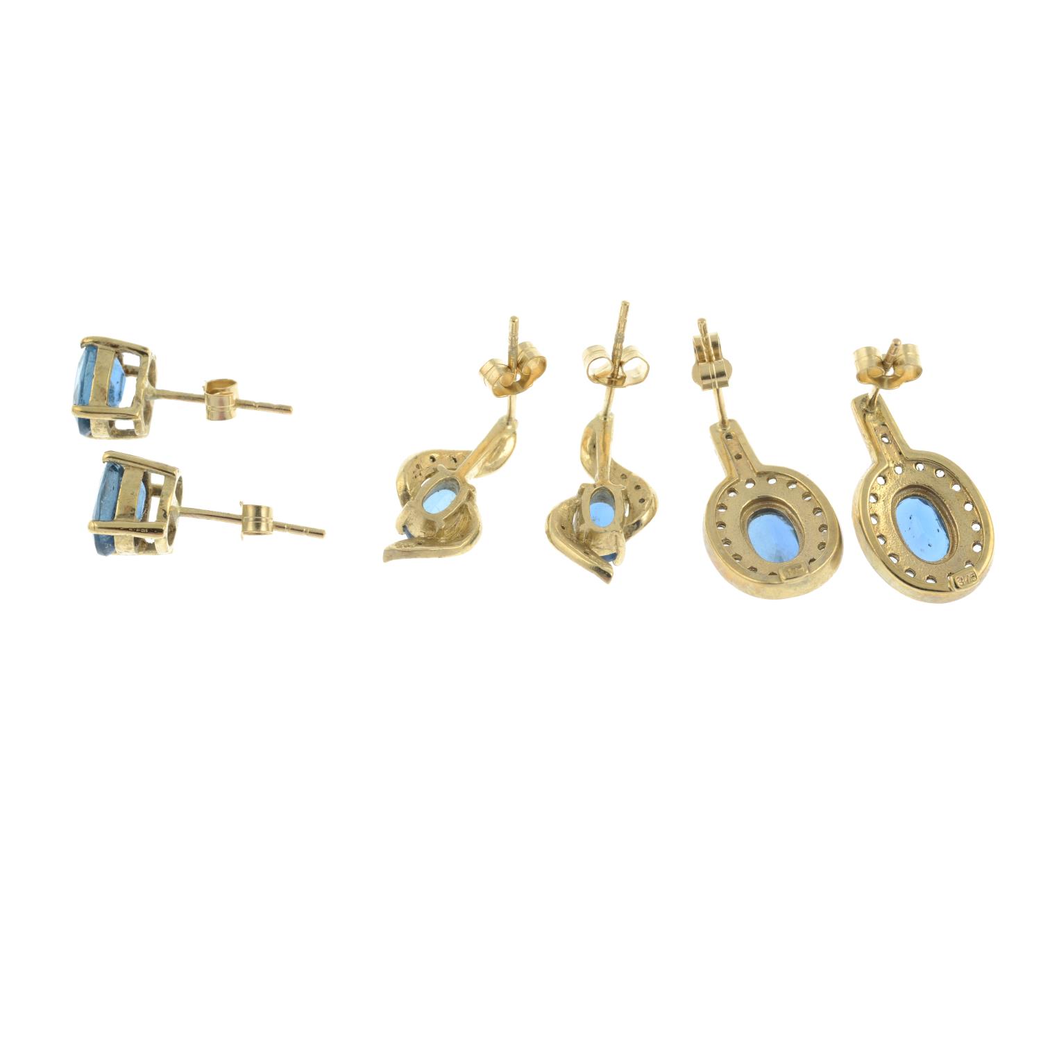 Three pairs of 9ct gold kyanite, colourless gem and diamond earrings. - Image 2 of 2