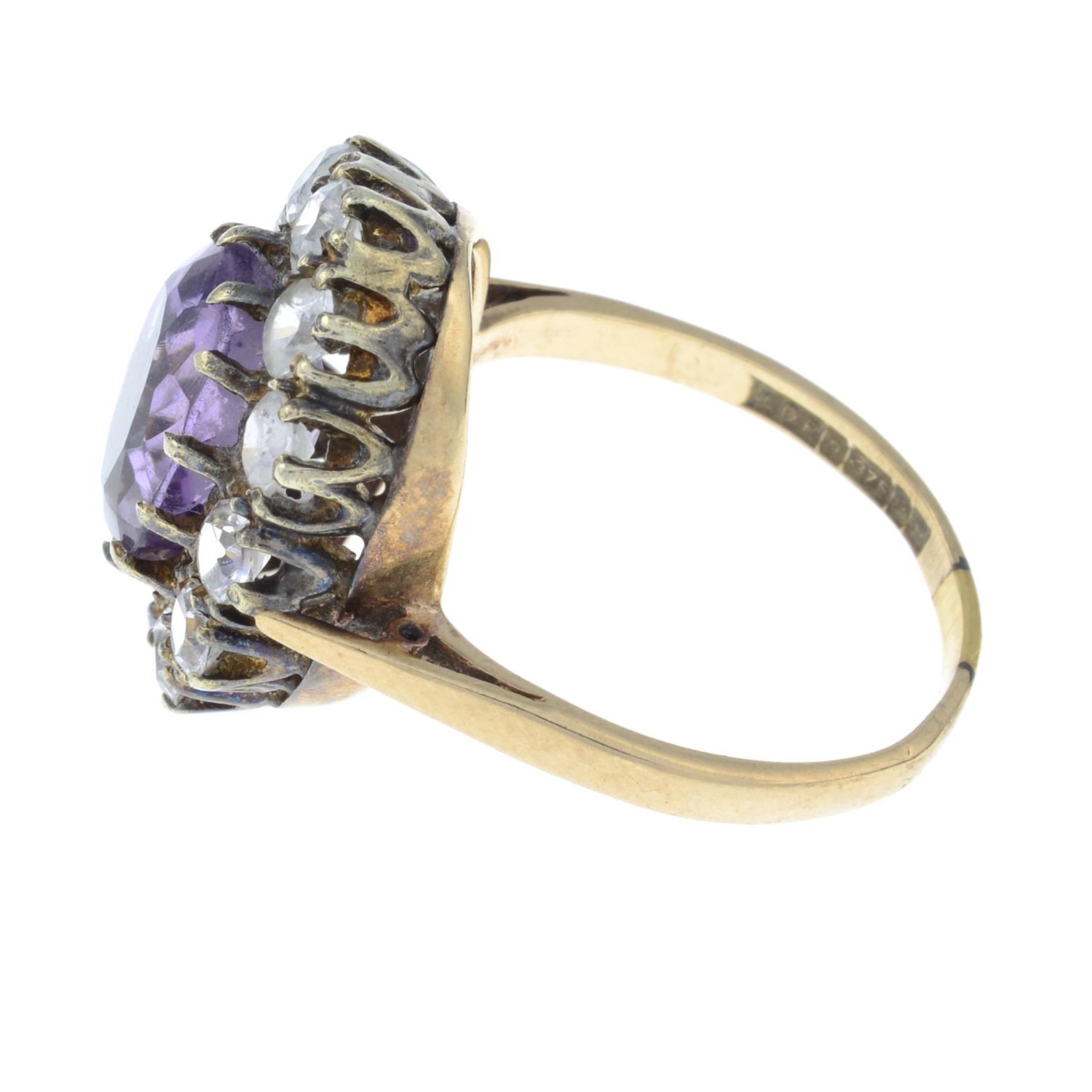 A 9ct gold amethyst and paste cluster ring.Hallmarks for Birmingham, 1973.Ring size P. - Image 2 of 3