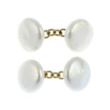 A pair of cultured pearl cufflinks.Length of cufflink faces 1.3cms.