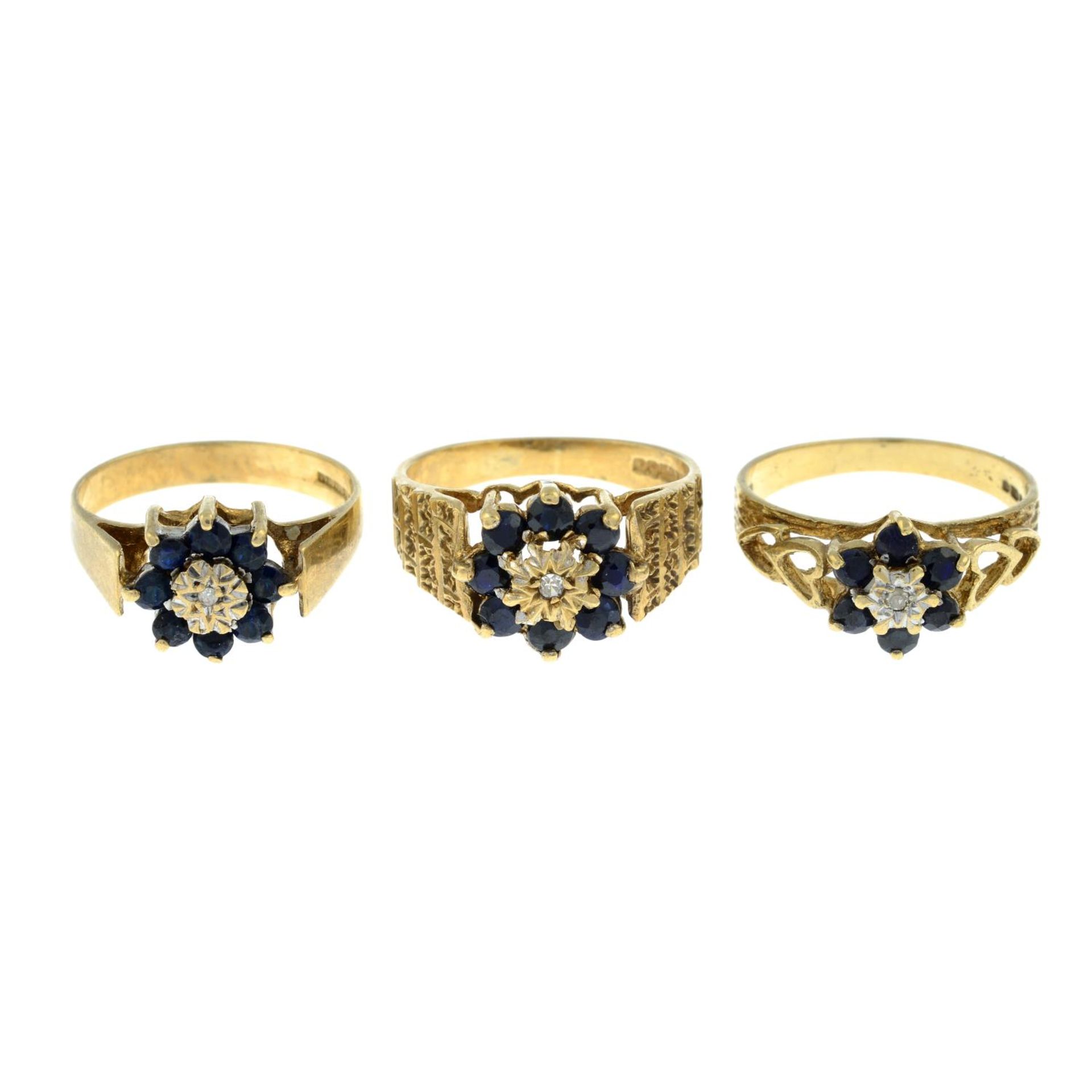Three 9ct gold sapphire and diamond cluster rings.Two with Hallmarks for Birmingham.