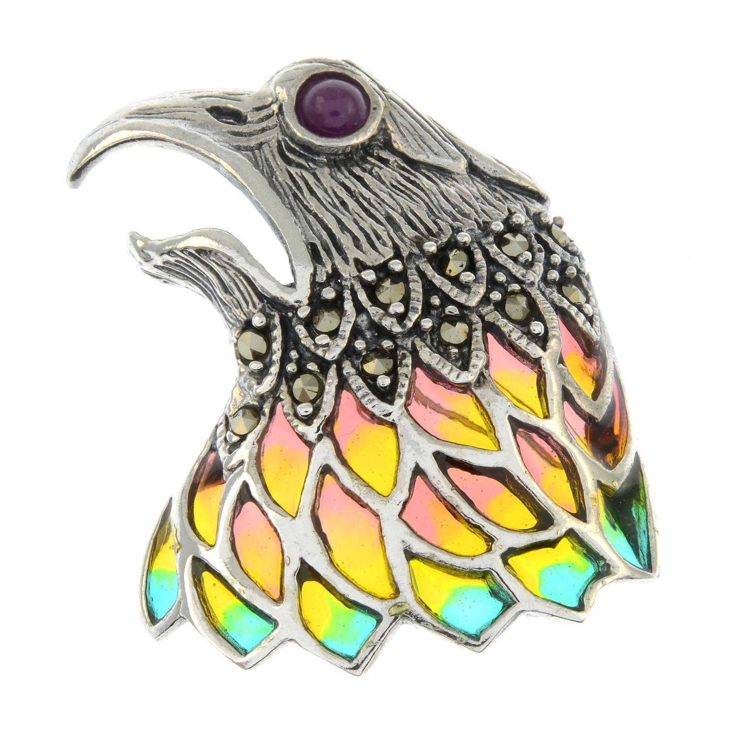 A ruby and marcasite, plique-a-jour enamel brooch of a hawk head.May be worn as a pendant.