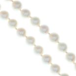 A cultured pearl necklace, with emerald-set clasp.Clasp stamped 925.Length 70.5cms.