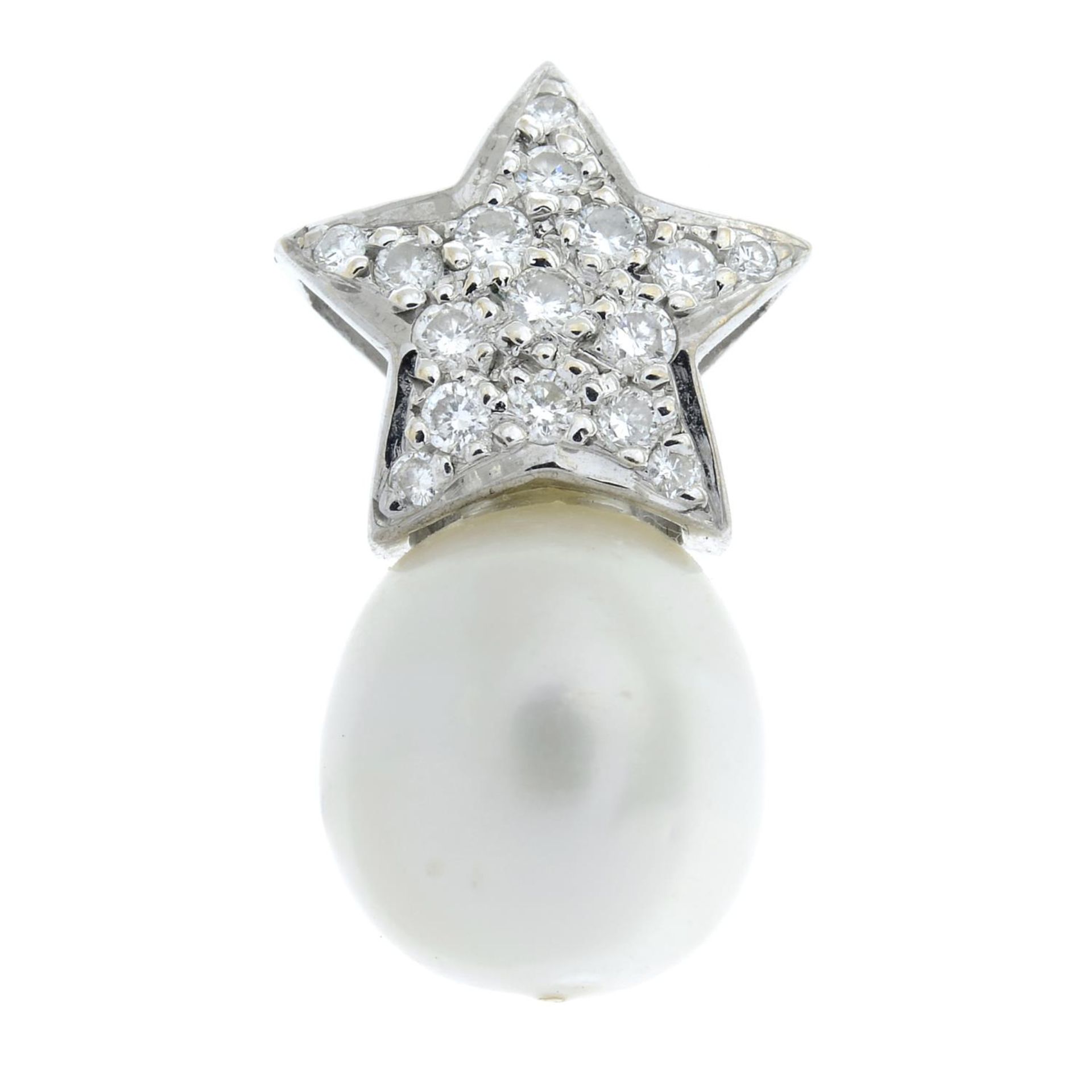 A cultured pearl and brilliant-cut diamond pendant.Estimated total diamond weight 0.15ct.Length