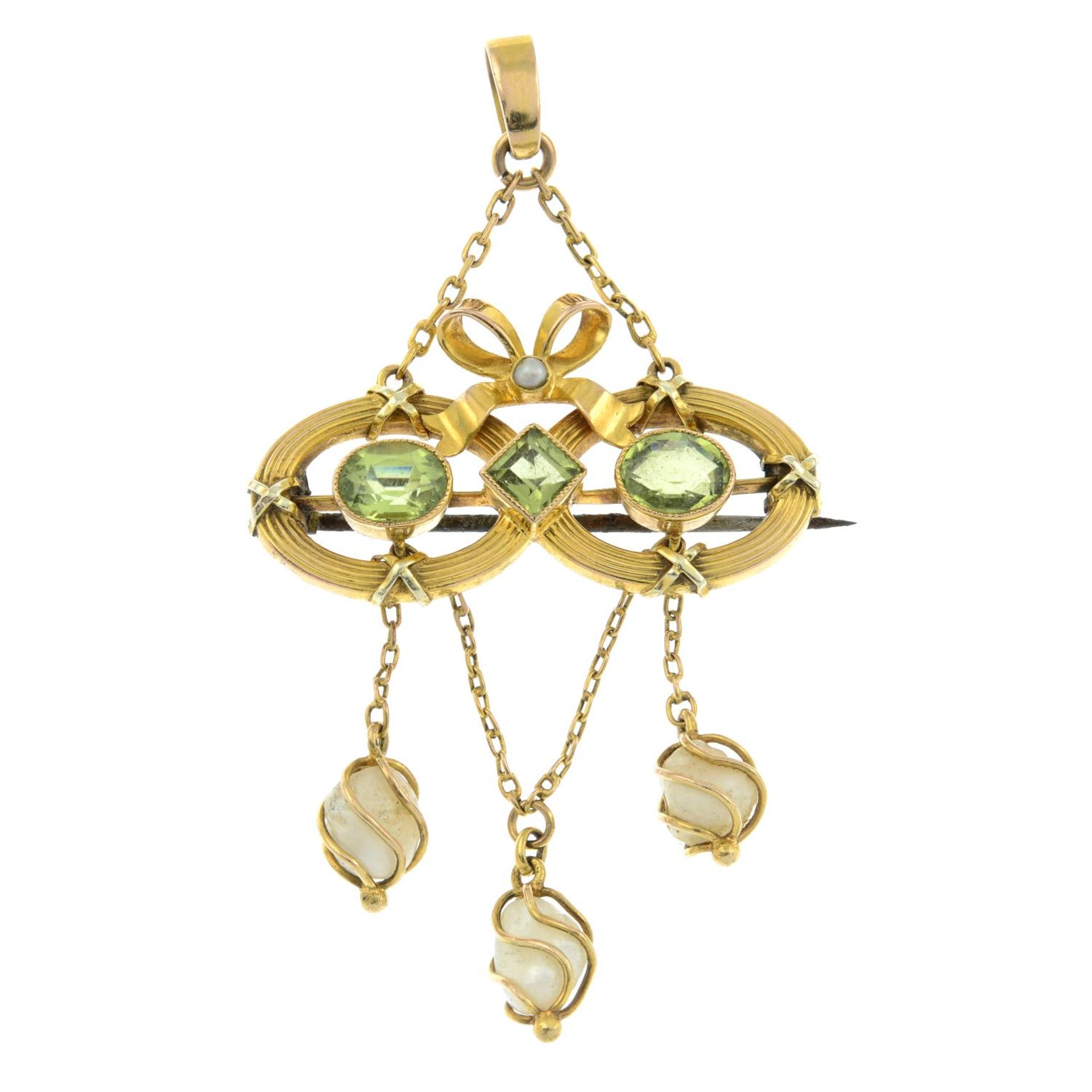 An early 20th century 9ct gold peridot and baroque pearl pendant,