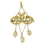 An early 20th century 9ct gold peridot and baroque pearl pendant,