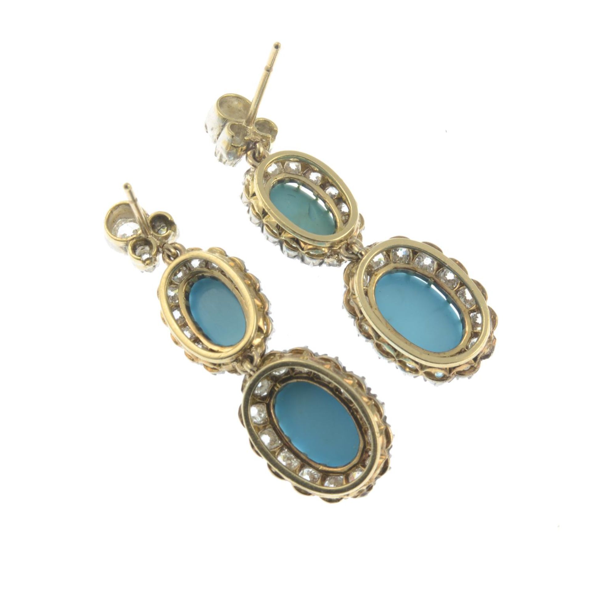 A pair of early 20th century gold and silver, turquoise and old-cut diamond cluster drop earrings. - Image 2 of 2