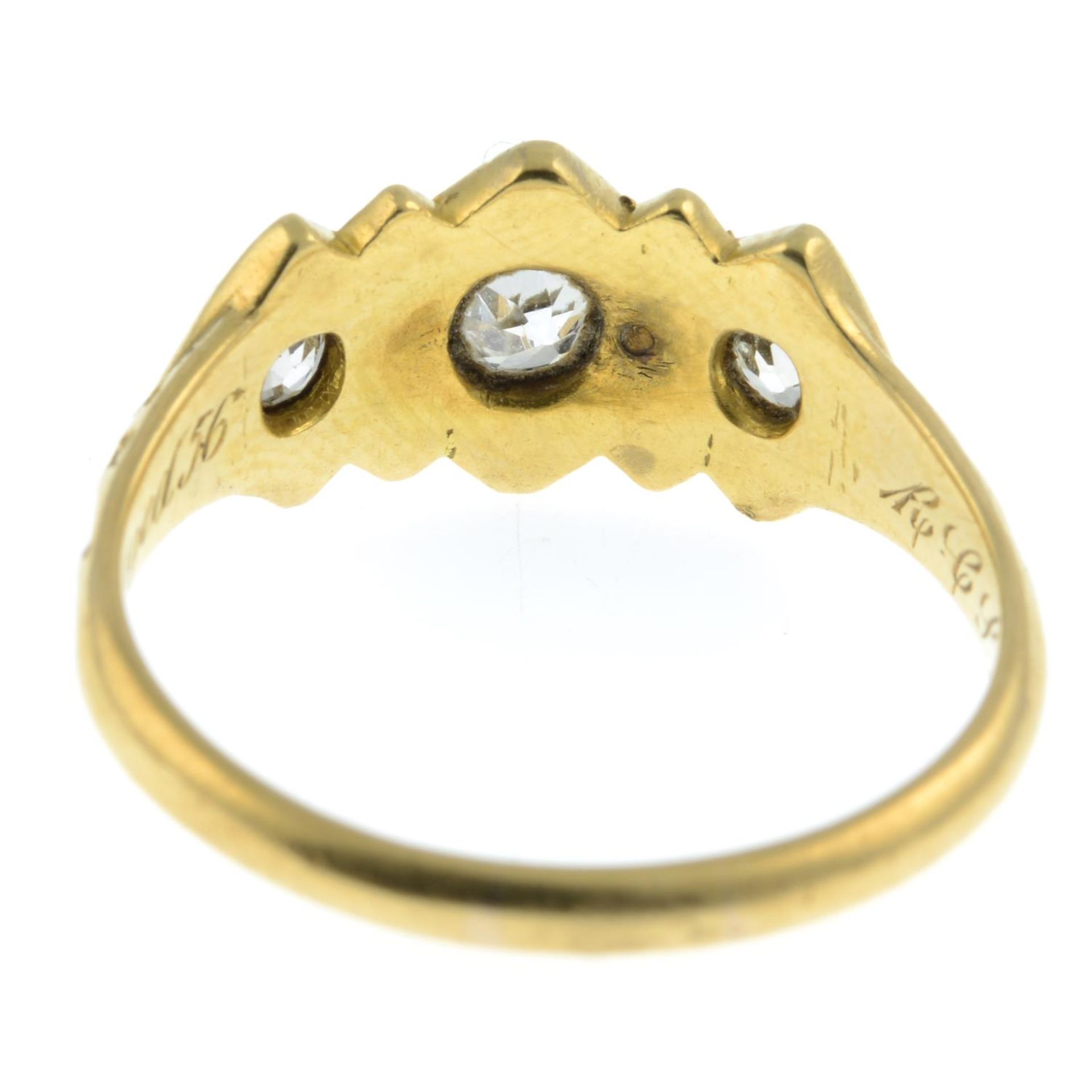 A mid 19th century 18ct gold old-cut diamond three-stone memorial ring, - Image 3 of 3