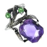 An Arts and Crafts silver amethyst and demantoid garnet ring,