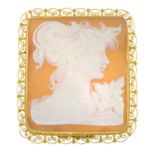 A square-shape cameo brooch, depicting a lady in profile.May also be worn as a pendant.