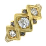 A mid 19th century 18ct gold old-cut diamond three-stone memorial ring,
