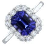 A tanzanite and brilliant-cut diamond cluster ring.Tanzanite calculated weight 2,