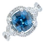 A blue zircon and brilliant-cut diamond ring.Zircon calculated weight 4cts,