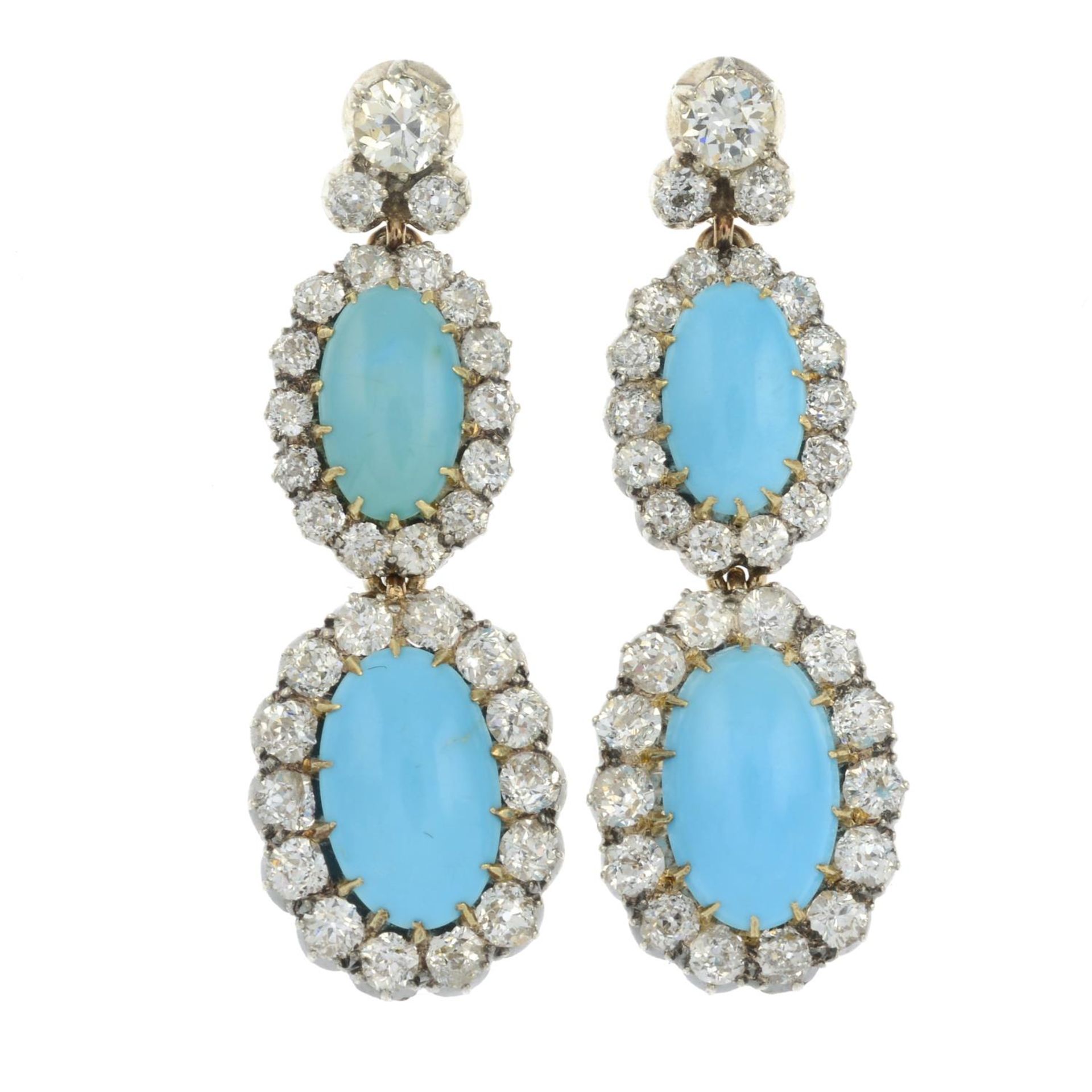 A pair of early 20th century gold and silver, turquoise and old-cut diamond cluster drop earrings.