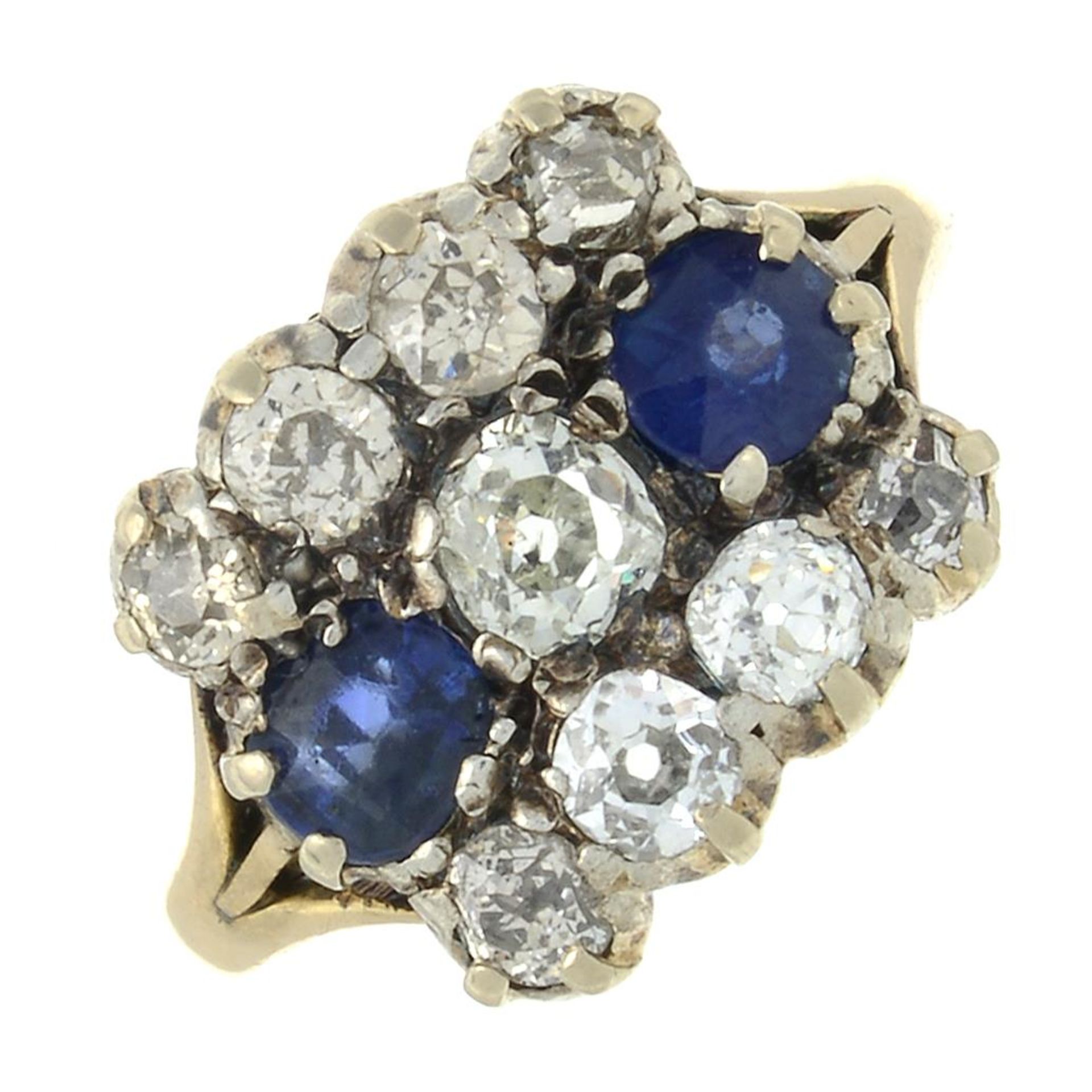 A late 19th century gold sapphire and old-cut diamond dress ring.Estimated total diamond weight