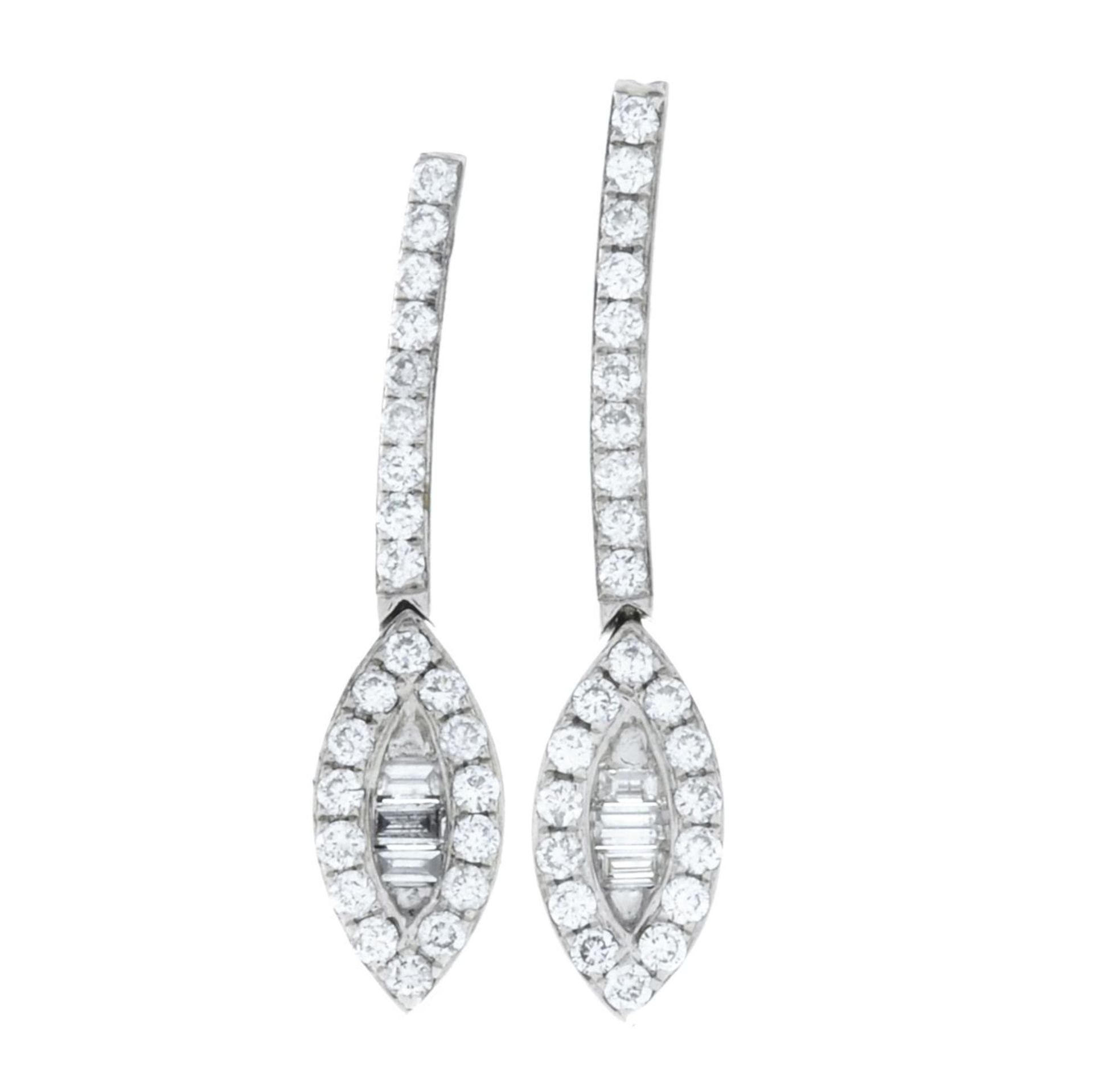A pair of vari-cut diamond drop earrings.Estimated total diamond weight 0.55ct.Length 2.2cms.
