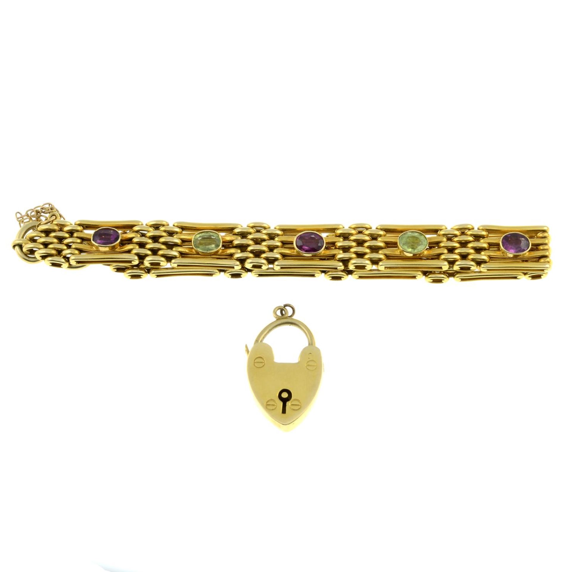 A mid 20th century gold amethyst and peridot bracelet, - Bild 2 aus 2