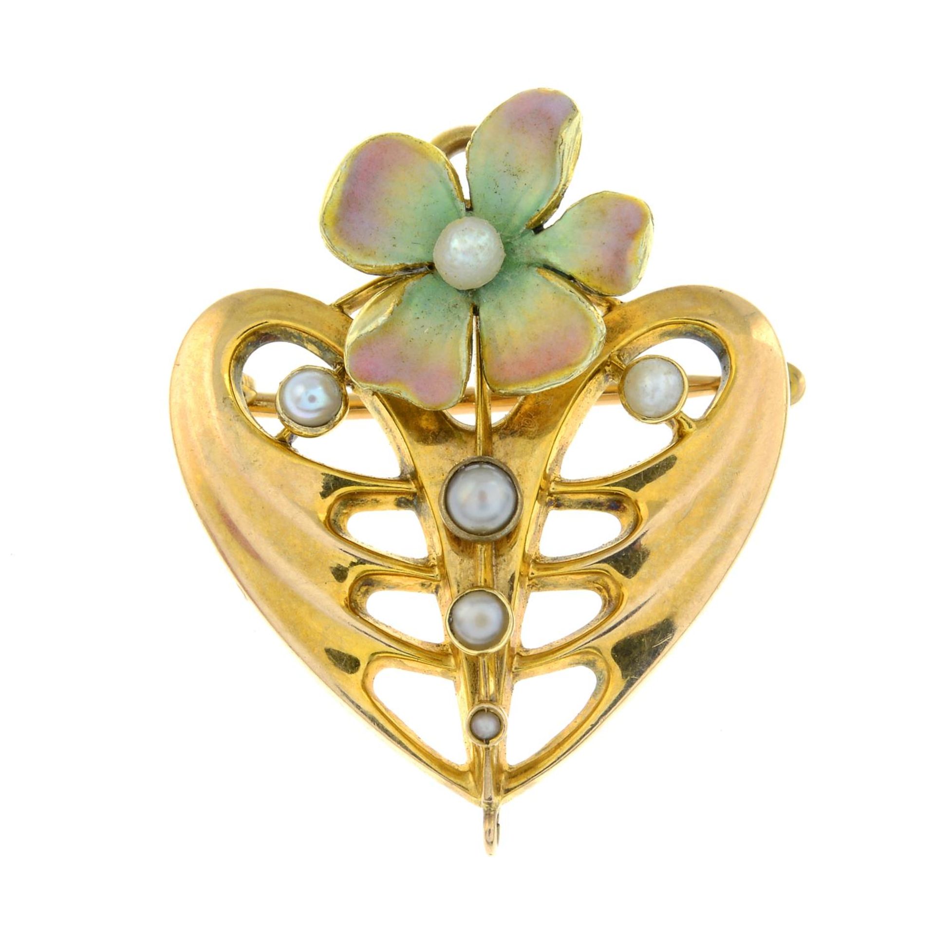 An Art Nouveau 9ct gold split pearl and polychrome enamel flower brooch.Stamped 9ct.Length 2.8cms.