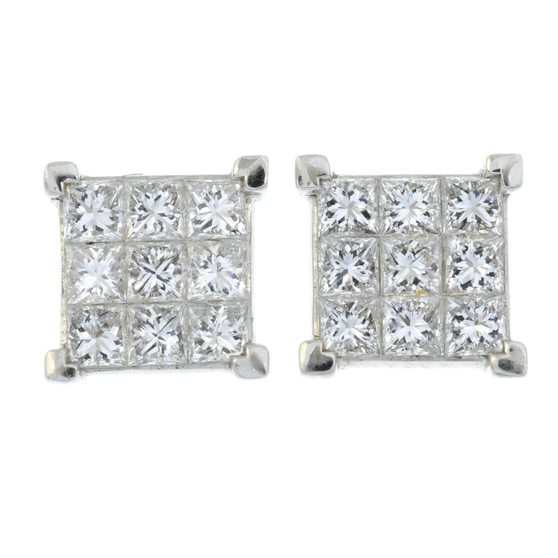 A pair of 18ct gold square-shape diamond cluster earrings.Estimated total diamond weight 0.90ct,